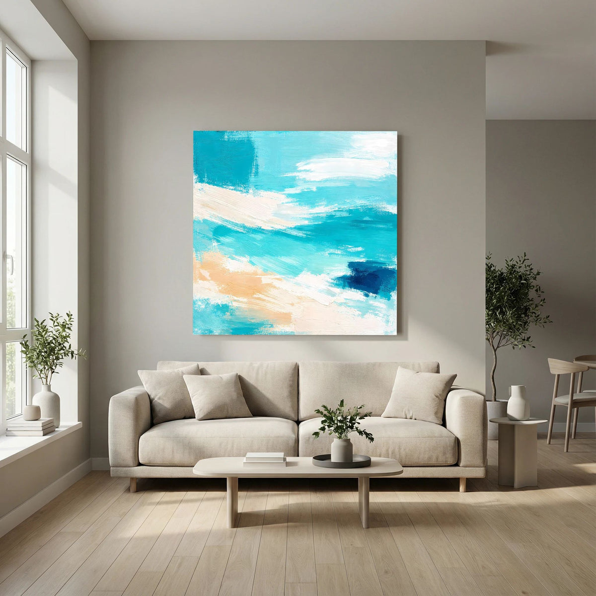 Quadratisches Leinwandbild mit abstrakten Meereswellen in Türkis und Blau