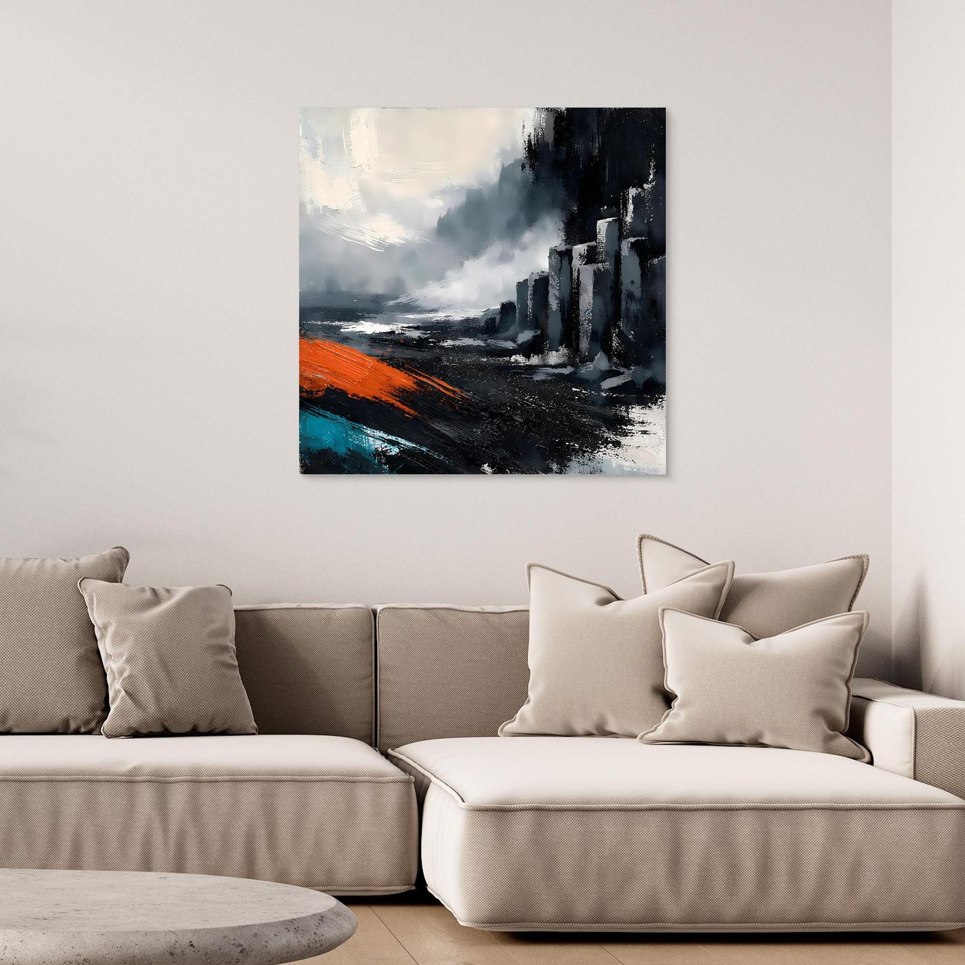 Leinwand Abstraktes Basaltsäulen Gemälde | Modernes Isländisches Vulkan Wandbild Schwarz Orange