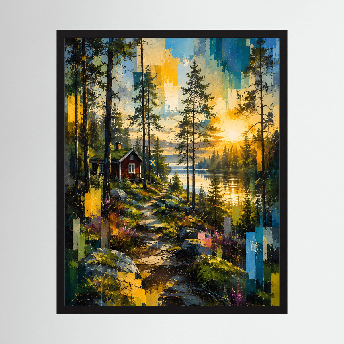 Gerahmtes Hochformat-Poster: Wald am See mit Sonnenuntergang und rotem Haus