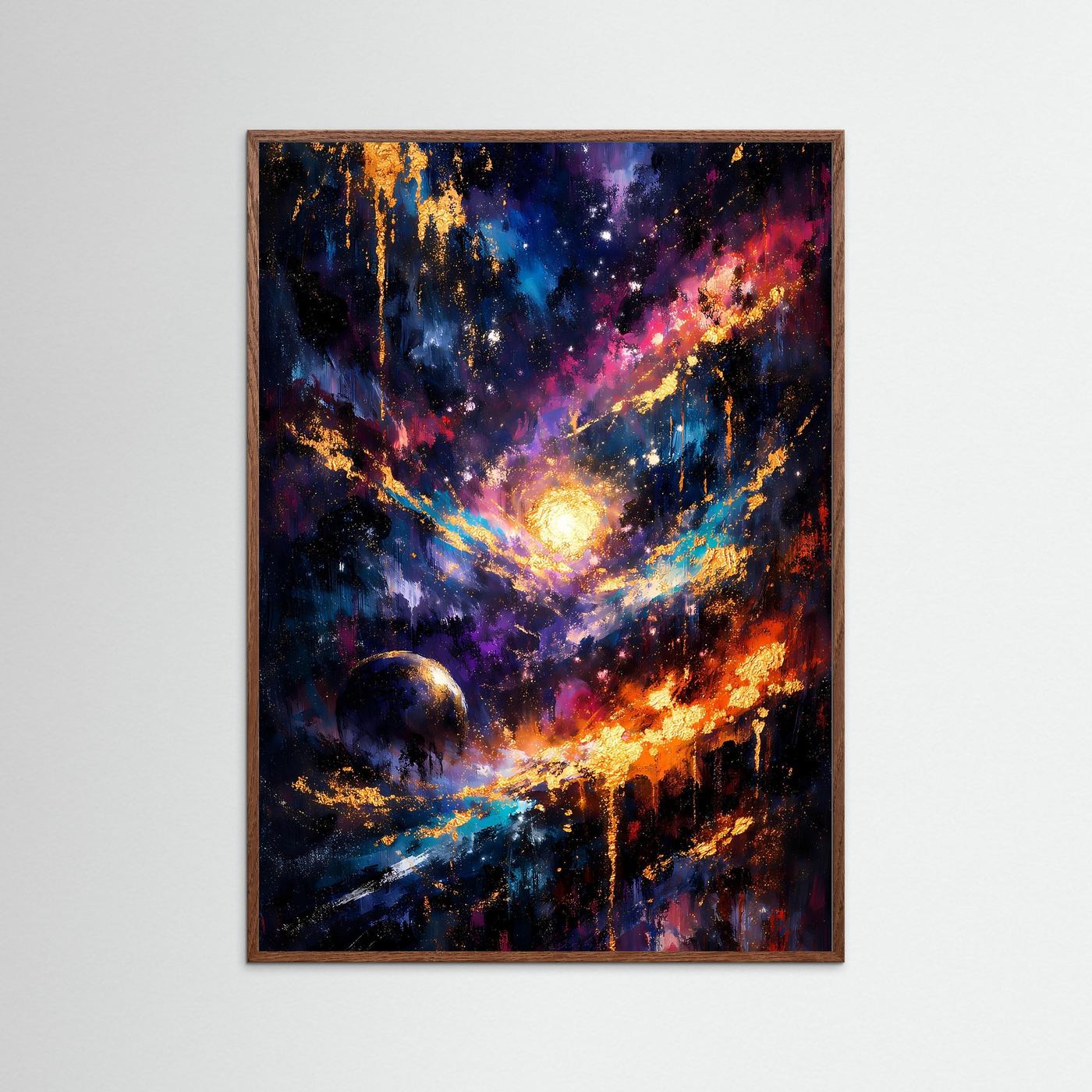 Hochformat-Weltallposter mit abstrakter Galaxie, leuchtender Sonne, dunkler Eichenrahmen