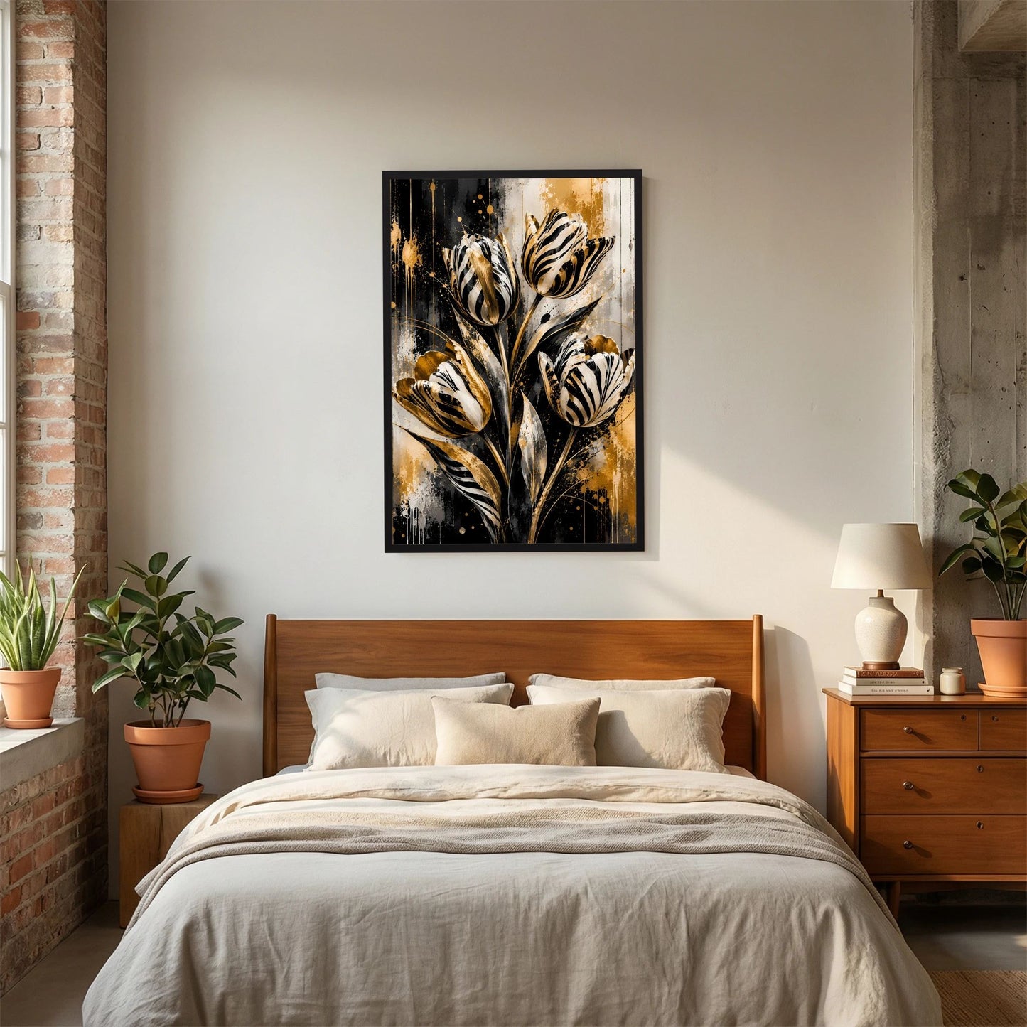 Hochformat-Poster mit abstrakten Tulpen im schwarzen Rahmen, schwarz-weiß mit Goldtönen