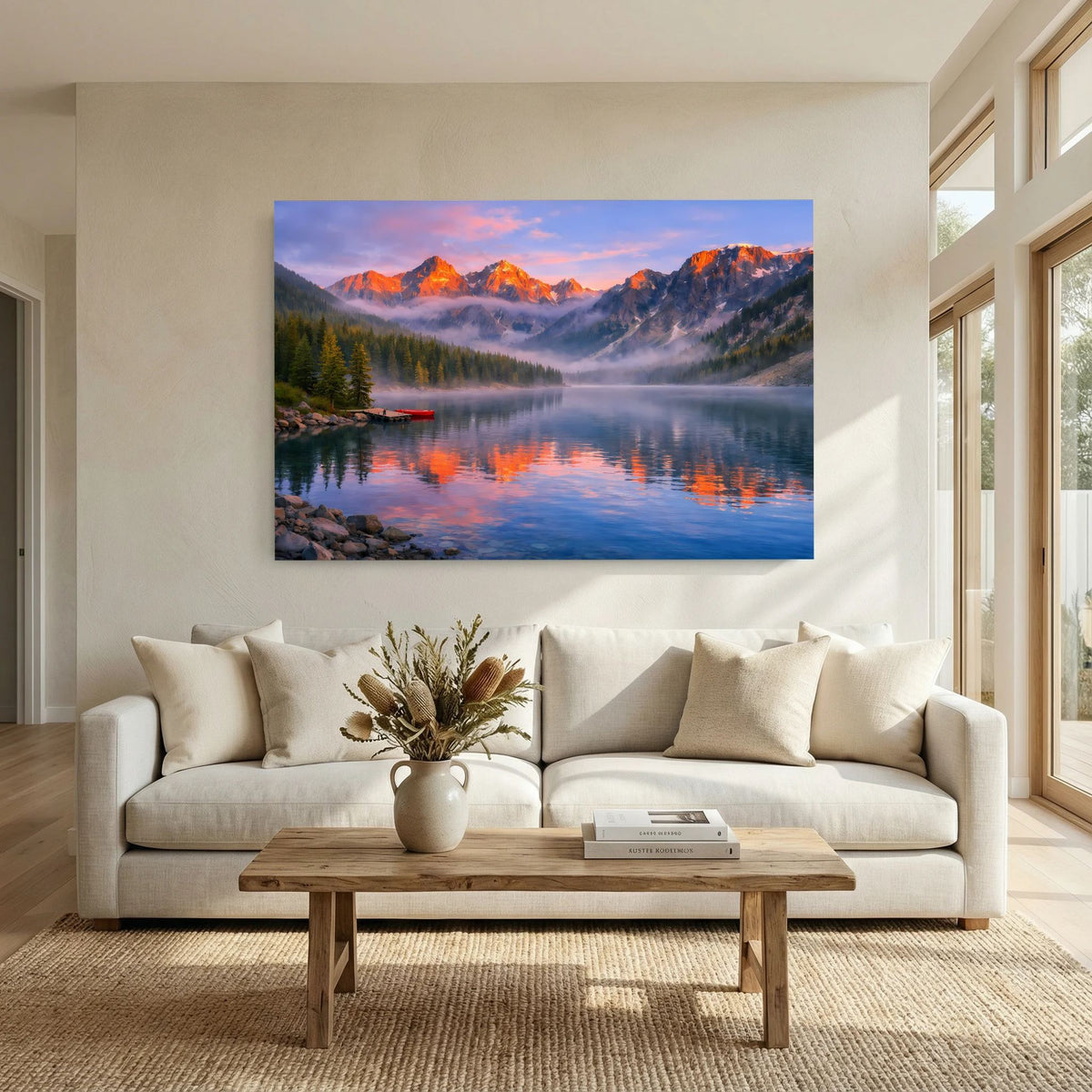 Wandbild im Querformat: Bergsee mit Nebelschleiern und leuchtenden Gipfeln bei Sonnenuntergang.