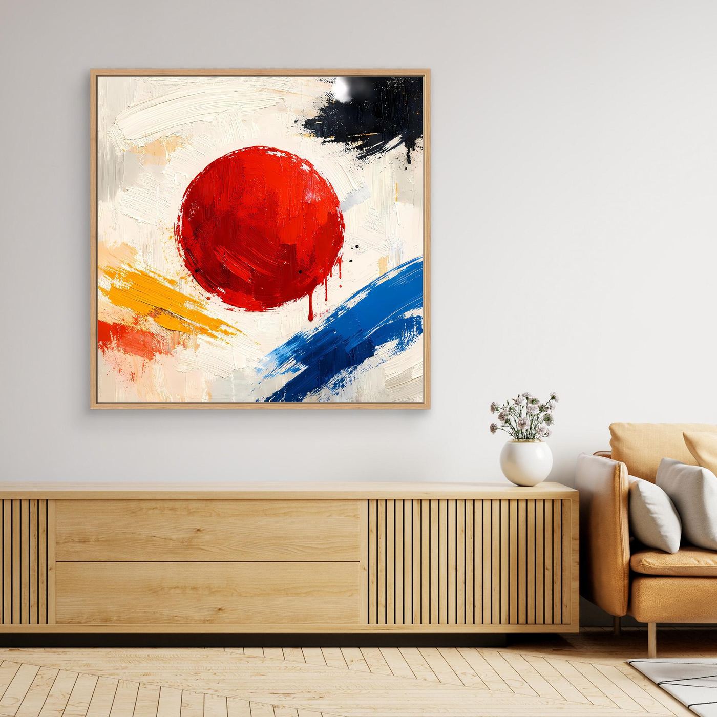 Framed abstract canvas wall art with red circular sun, blue diagonal brushstroke, and white texture.