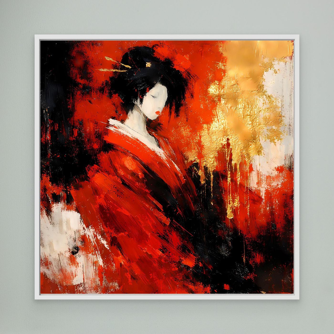 Leinwand Elegante Geisha im Roten Kimono | Abstraktes Asiatisches Wandbild Moderne Kunst