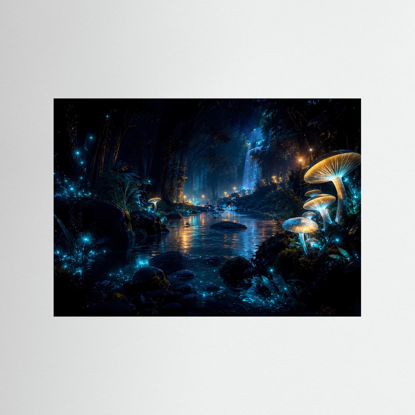 Magischer Nachtwald mit leuchtenden Pilzen | Mystischer Wasserfall in Blau & Gold