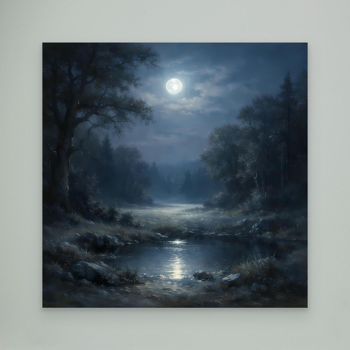 Leinwandbild Nachtwald mit Fluss und hellem Mond, Nebelstimmung, ohne Rahmen