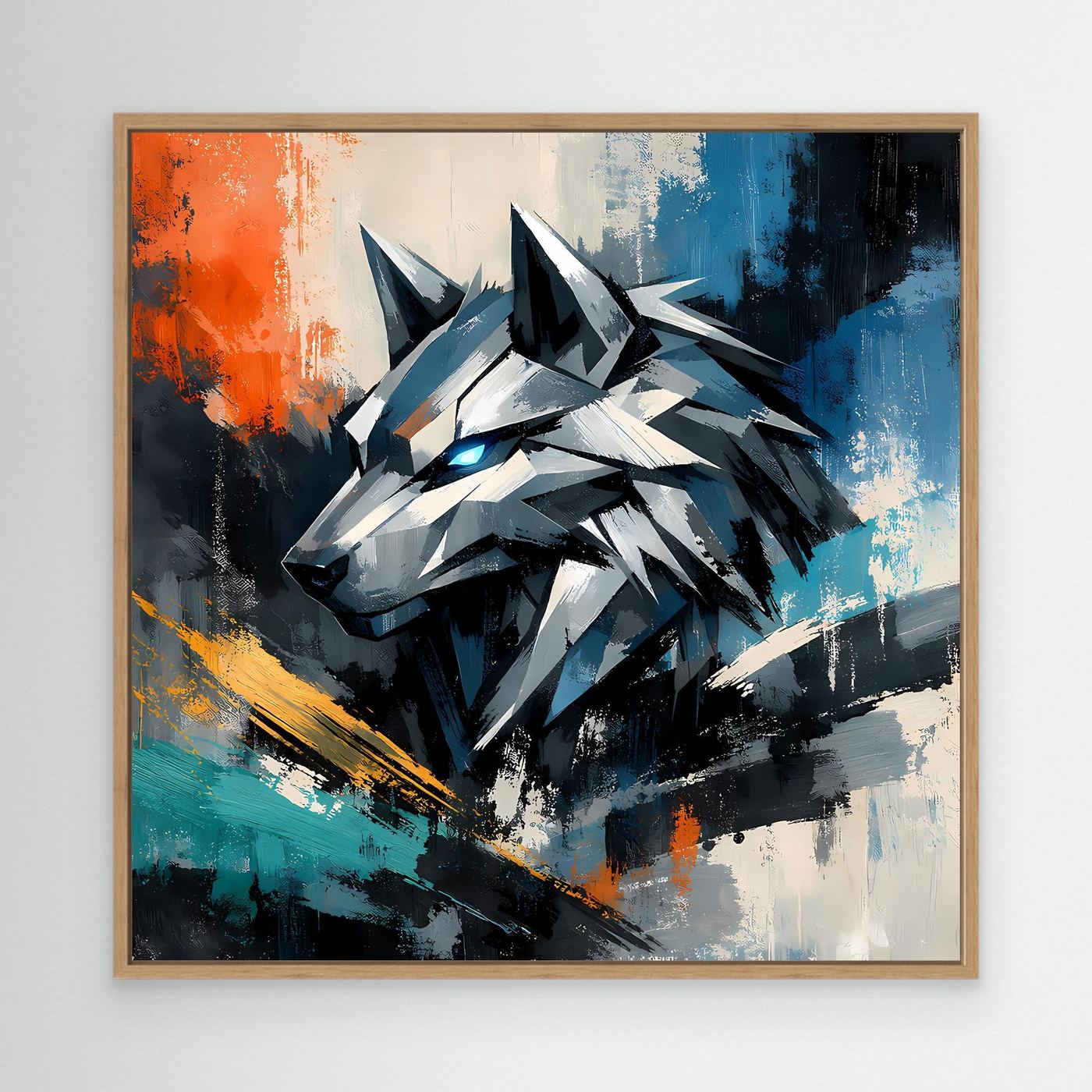 Leinwandbild mit geometrischem Cyber-Wolf im Rahmen aus hellem Holz, Blau, Schwarz, Orange