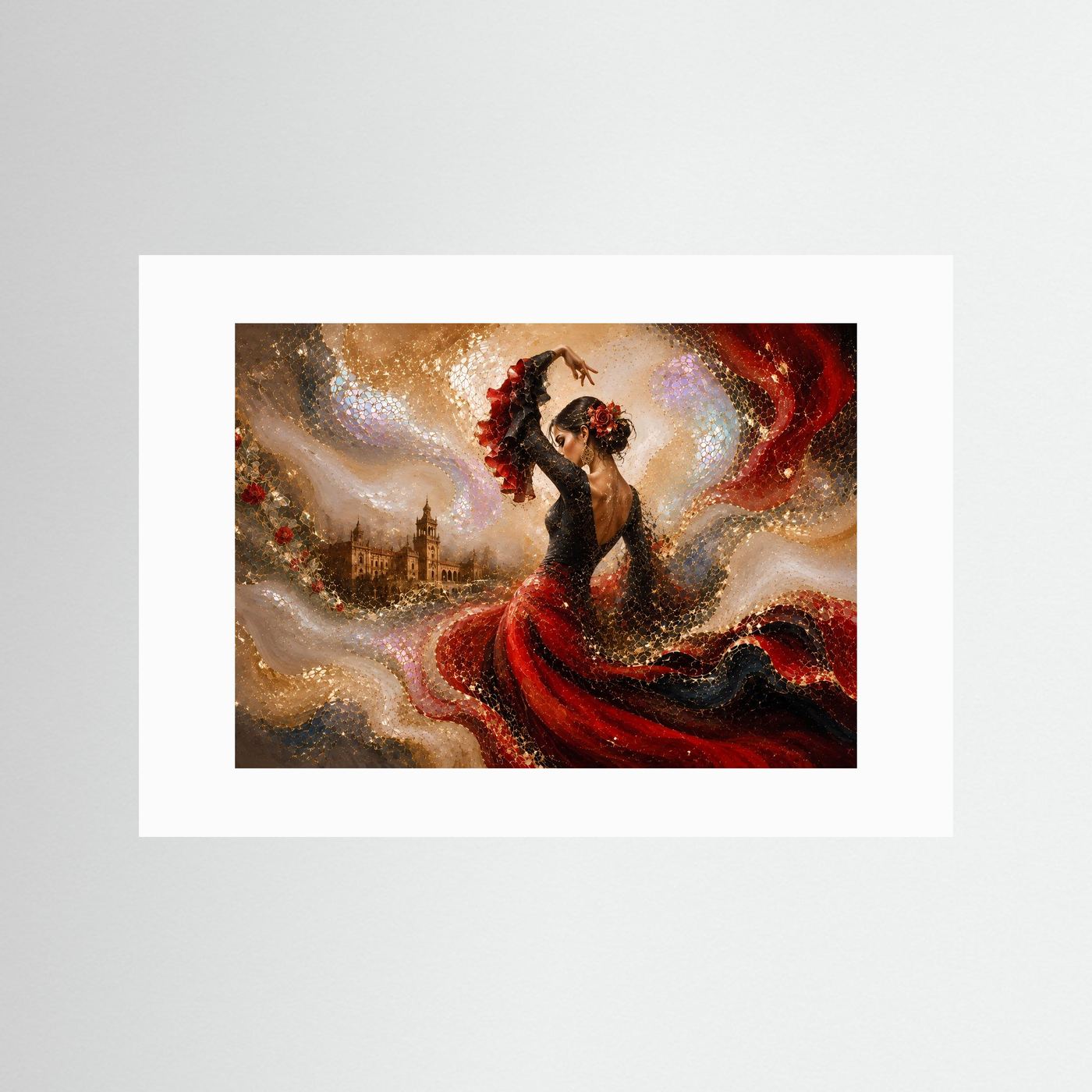 Flamenco-Wandkunst mit Tänzerin: schwarzes Kleid, roter Fächerrock, goldene Glitzerakzente.