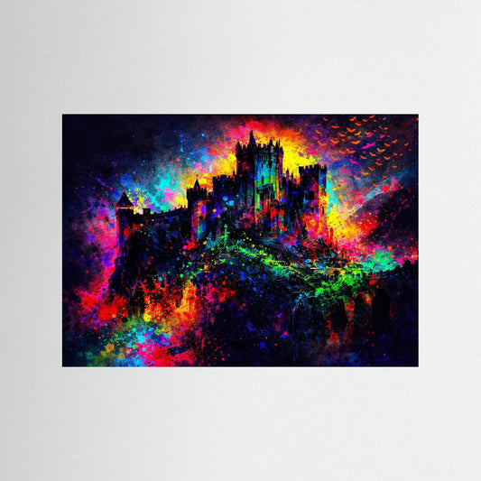 Mystisches Buntes Schloss bei Nacht | Fantasy Burg Wandbild & Kunst Poster Querformat