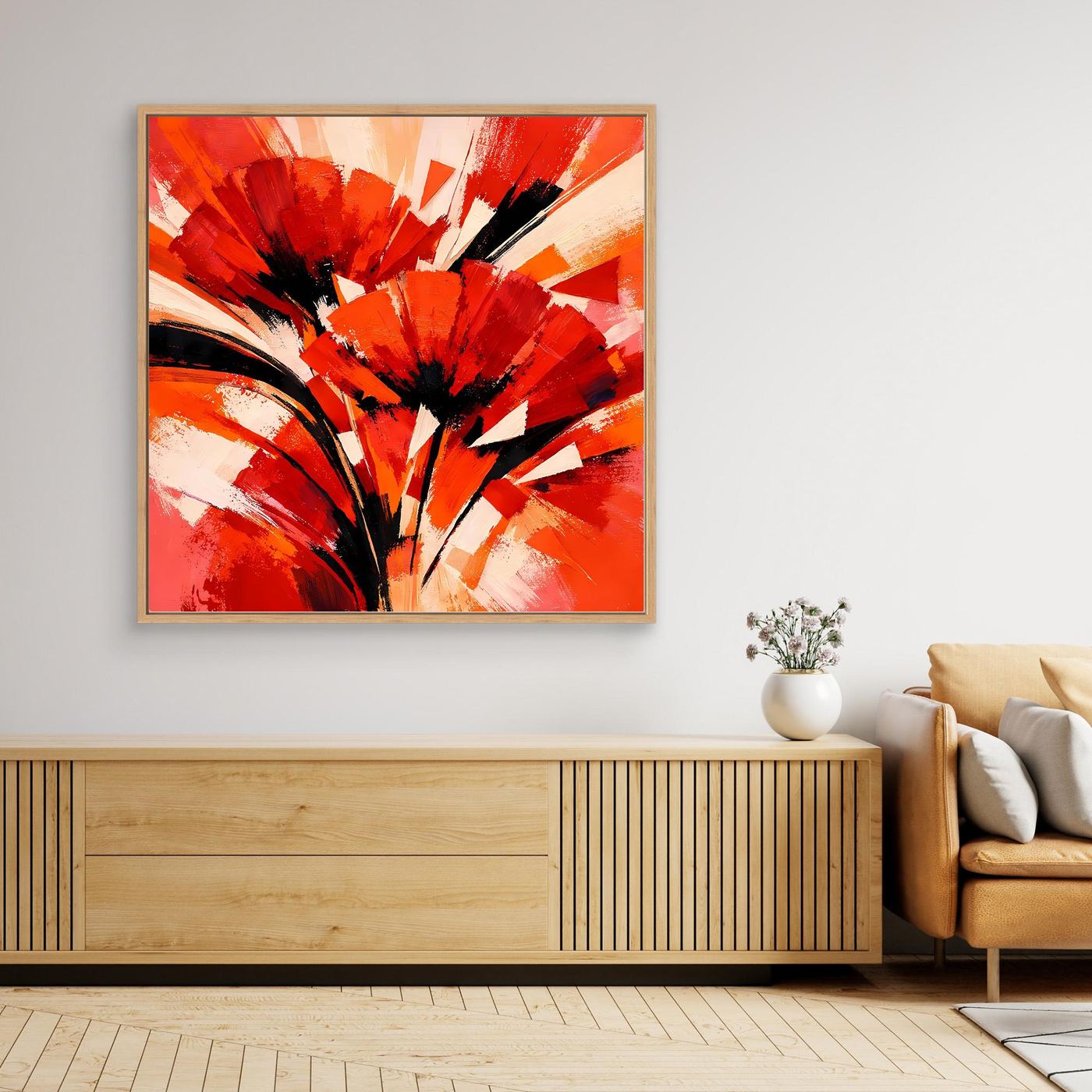 Abstraktes Mohn-Leinwandbild in Rot und Orange mit schwarzen Linien, mit orangefarbenem Rahmen