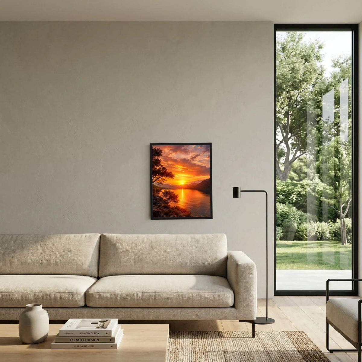 Hochformat-Poster im schwarzen Rahmen: Sonnenuntergang über See mit spiegelnder Sonne