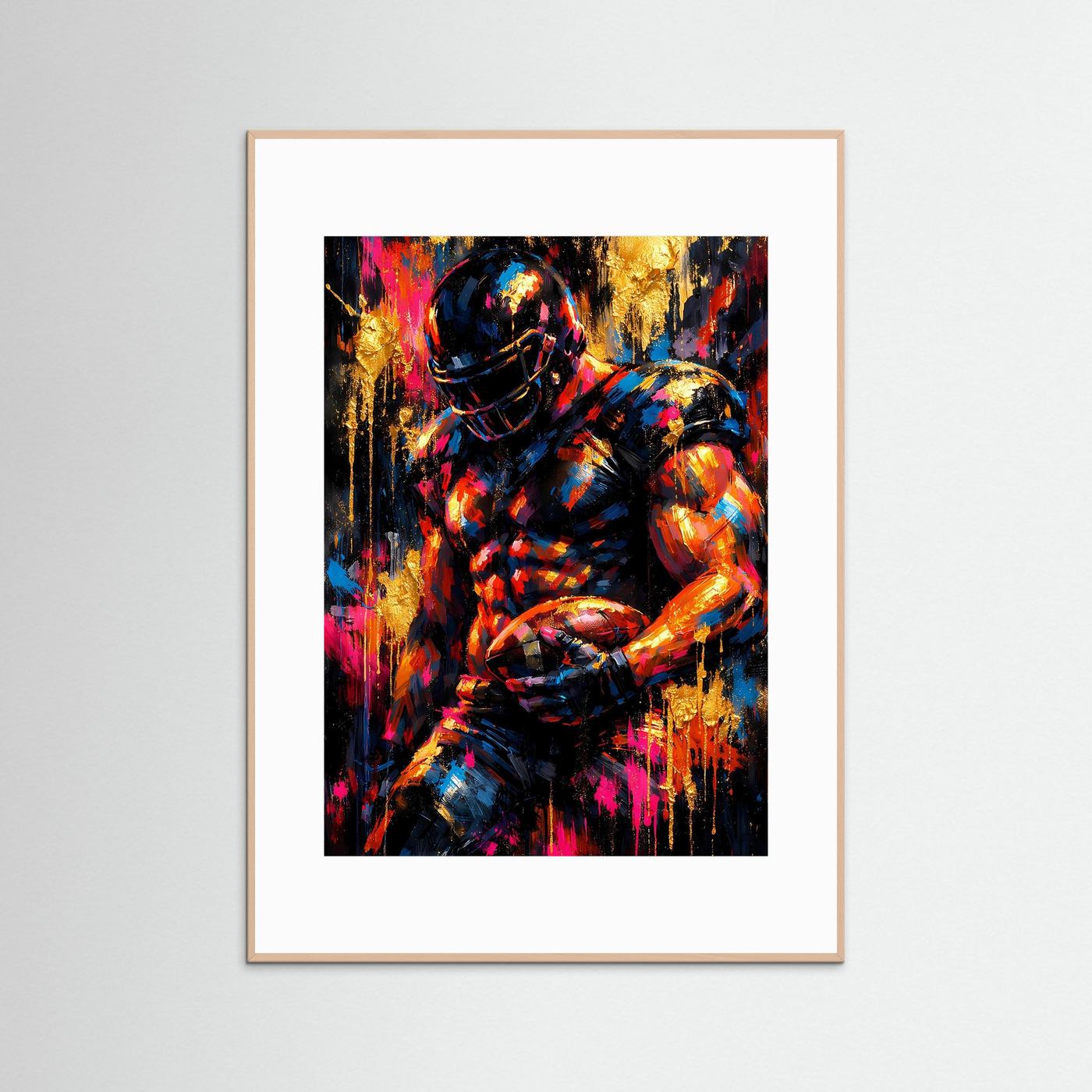 Abstraktes Football-Poster Hochformat mit Spieler in Neonfarben, weißer Rahmen