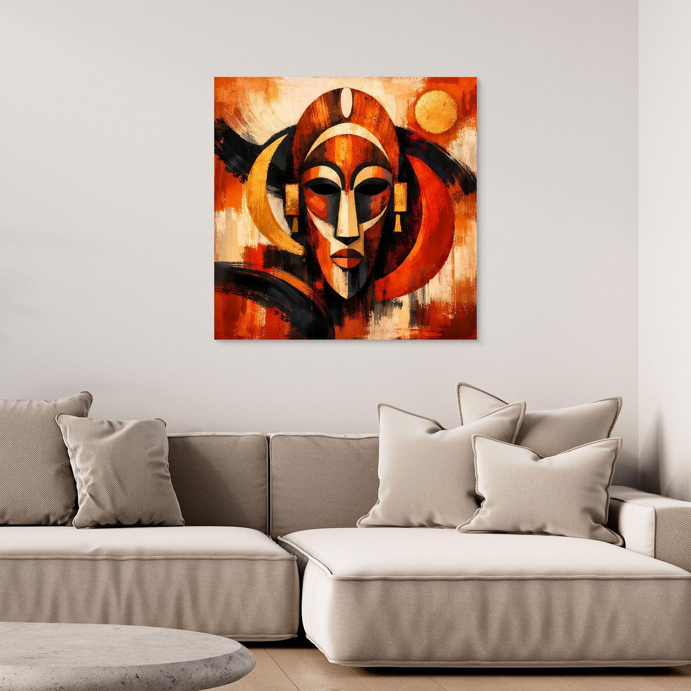 Leinwand-Wandbild mit abstrakter afrikanischer Maske, bunte Ornamente in Rot, Schwarz und Beige
