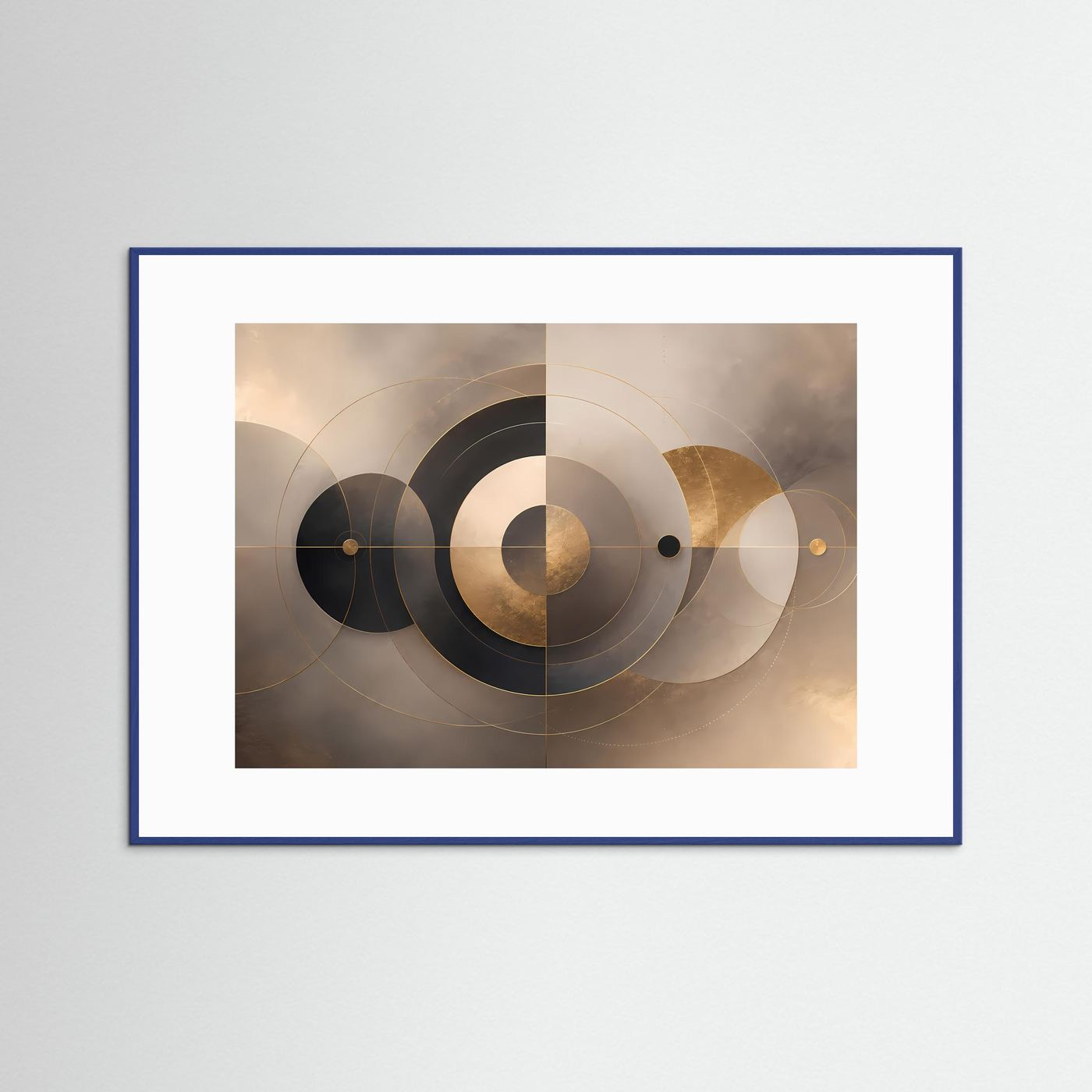 Gerahmtes Poster mit abstrakten Kreisen in Beige, Gold und Schwarz, blauer Rahmen