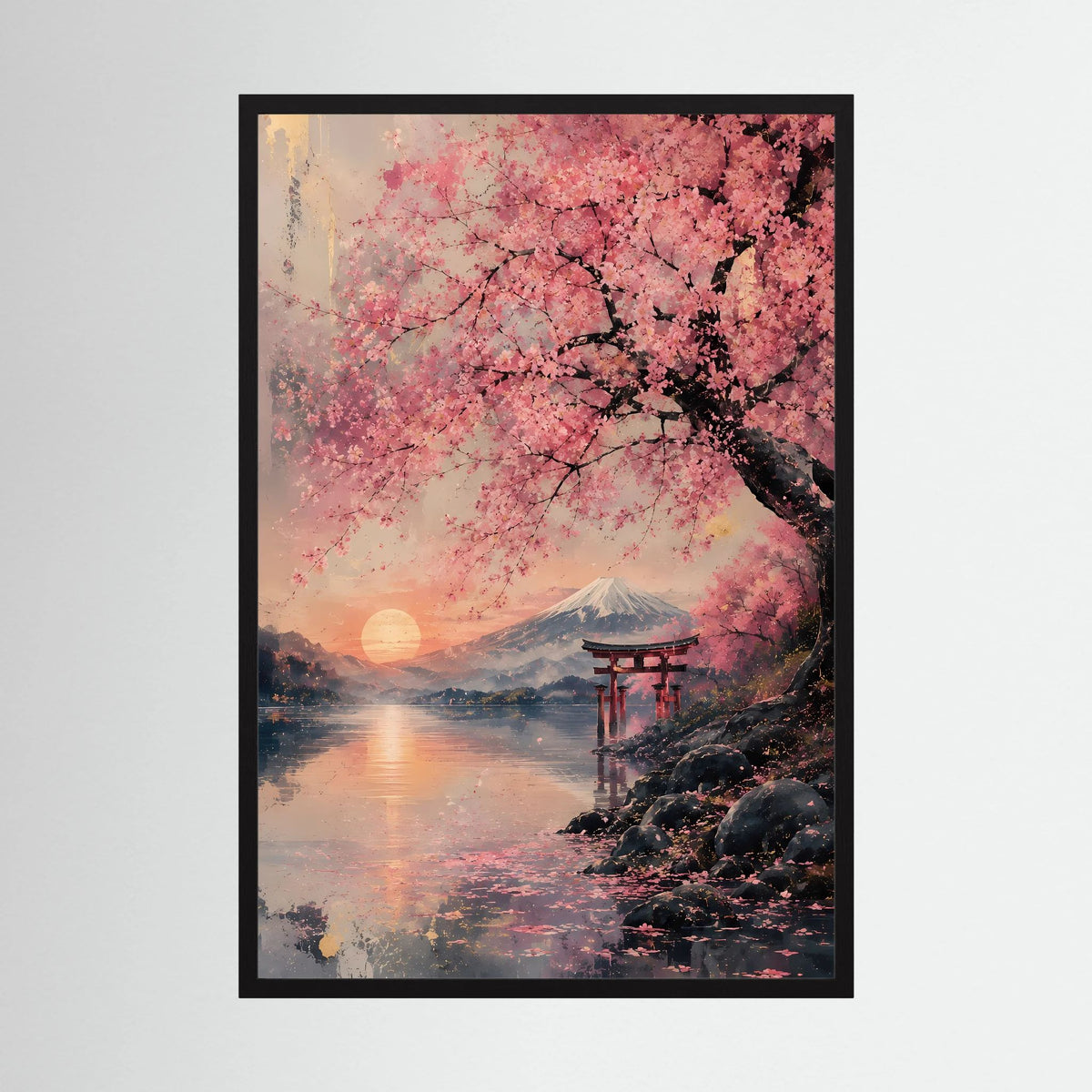 Hochformatiges Poster mit Kirschblüten über See, Fuji und Torii, im schwarzen Rahmen