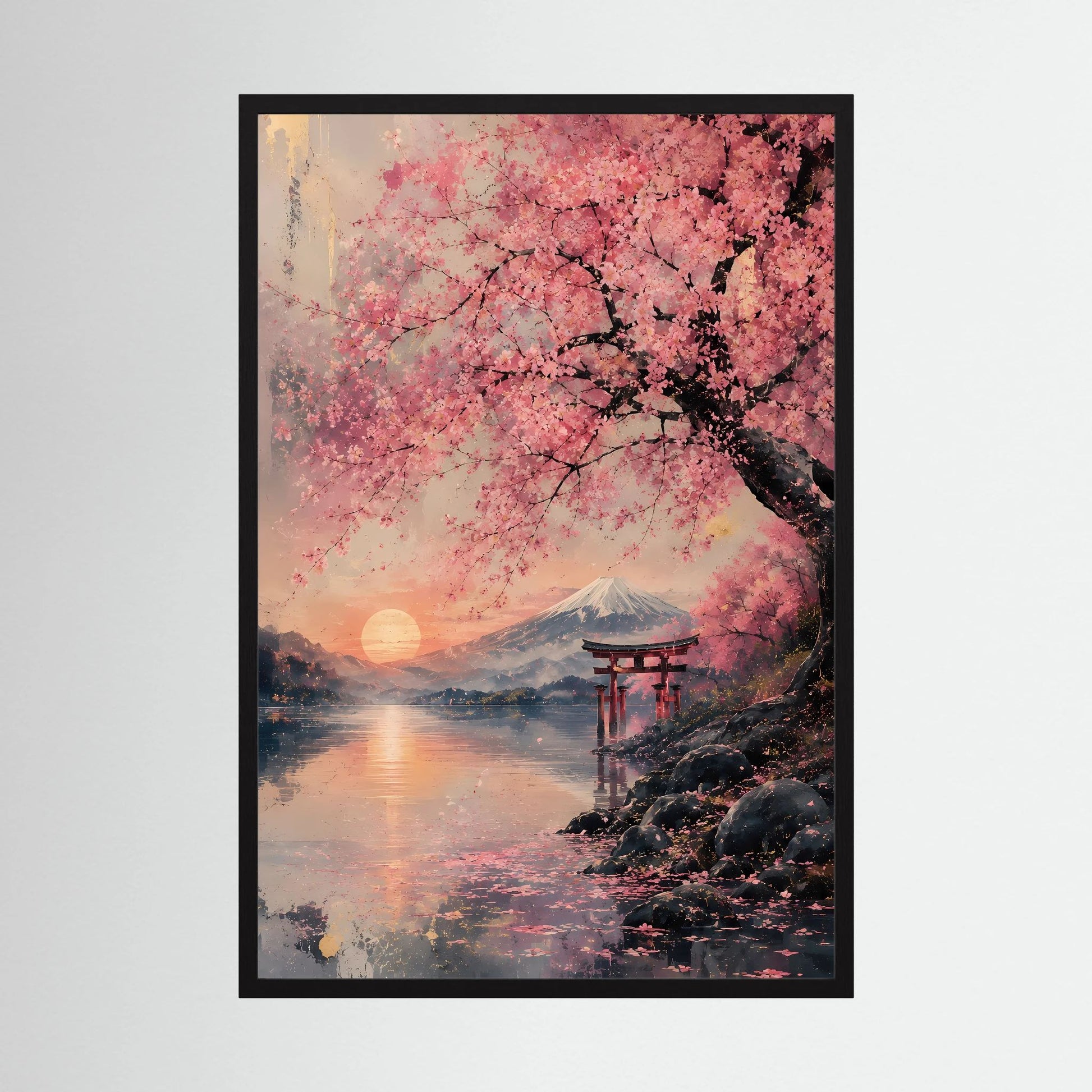 Hochformatiges Poster mit Kirschblüten über See, Fuji und Torii, im schwarzen Rahmen