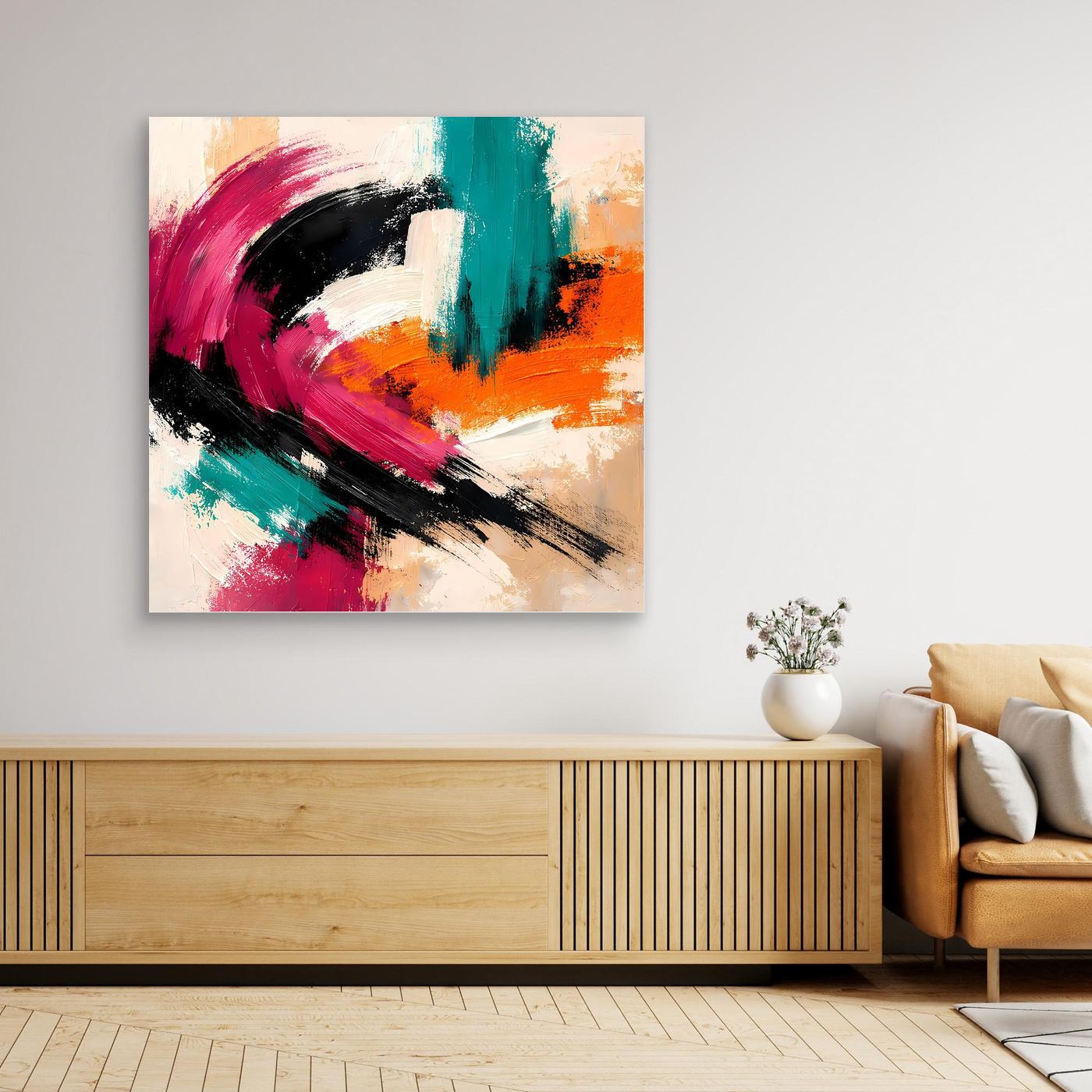 Abstraktes Leinwandbild mit Farbwirbeln in Pink, Grün und Orange, ohne auffälligen Rahmen
