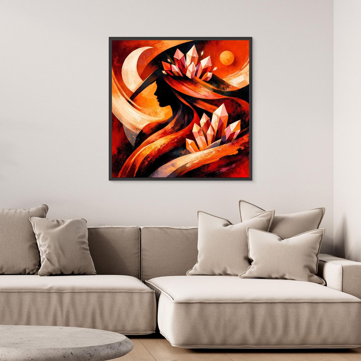 Quadratisches Leinwandbild mit abstrakter Frau, Kristallformen und warmen Rot-Orange Akzenten