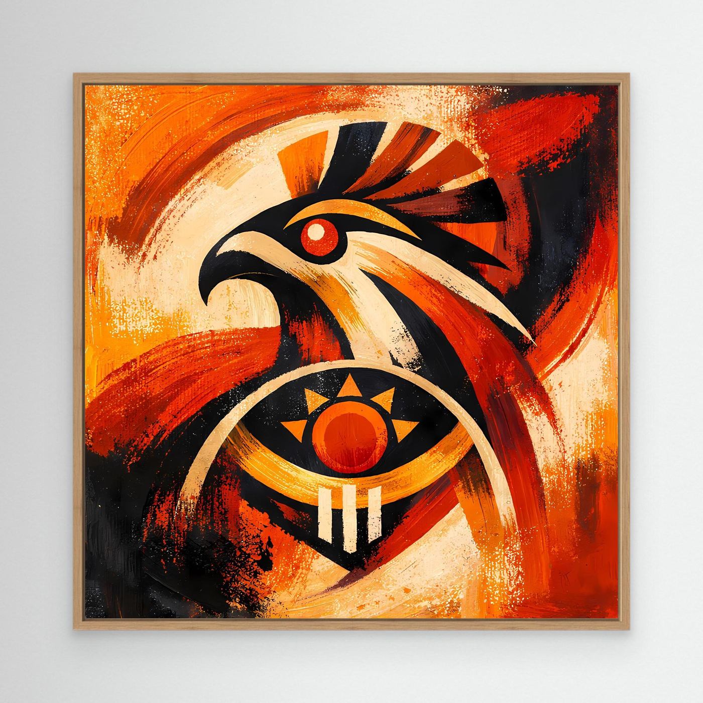 Wandbild mit Falken- und Sonnensymbol, orange-rot-schwarz, im Holzrahmen