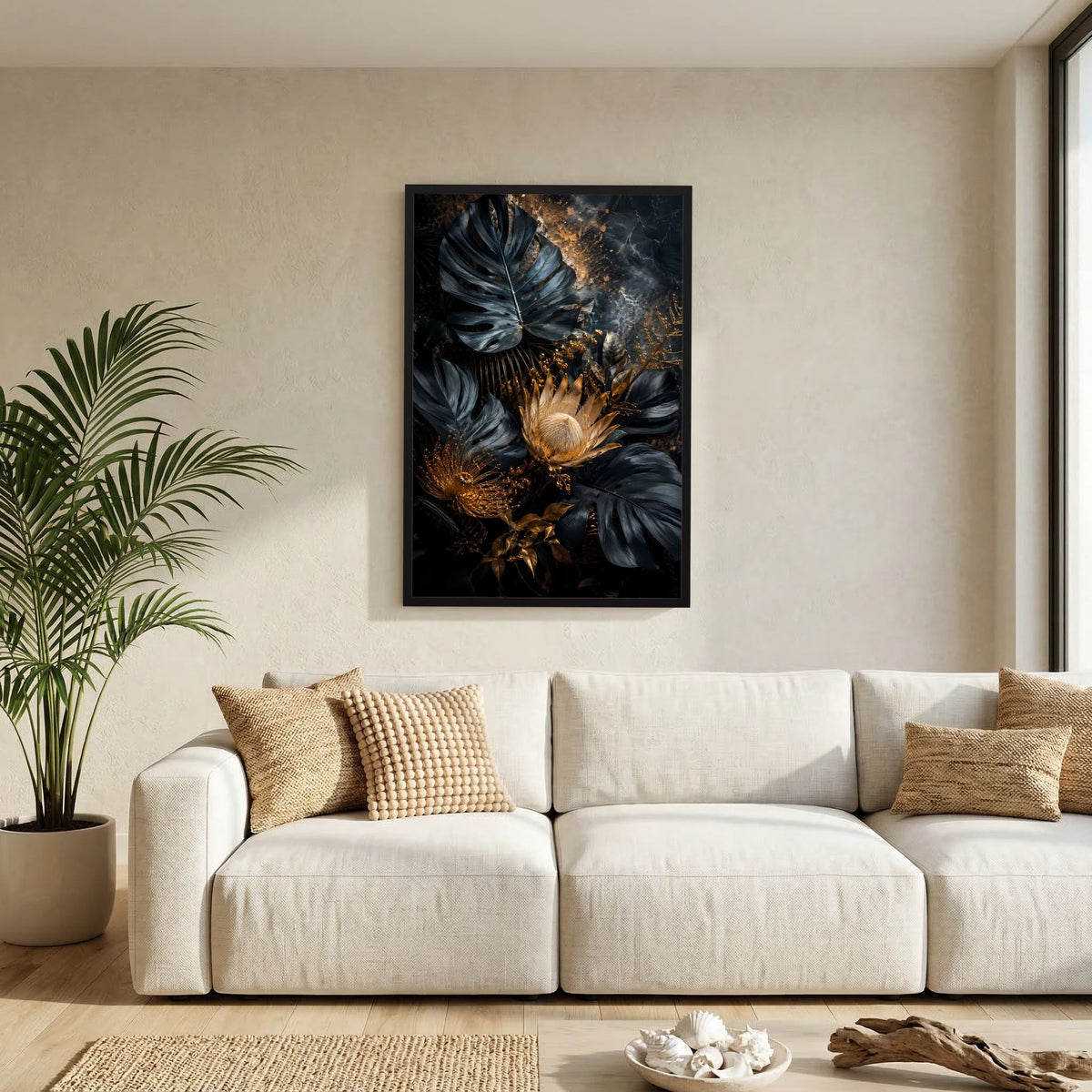 Kunstposter im Hochformat: schwarze Blätter mit goldenen Ornamenten im gerahmten Stil