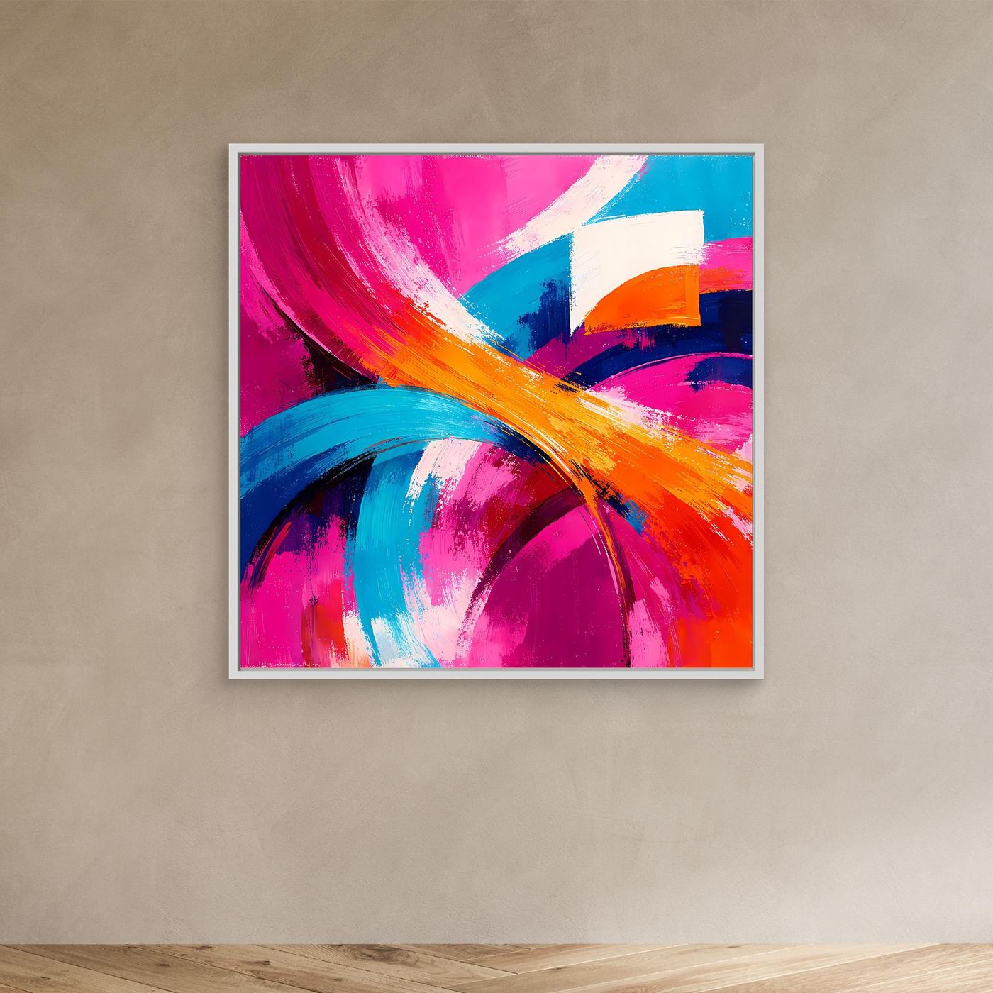 Leinwand-Abstraktbild mit Pinselstrichen in Pink, Blau und Orange, weißer Rahmen.