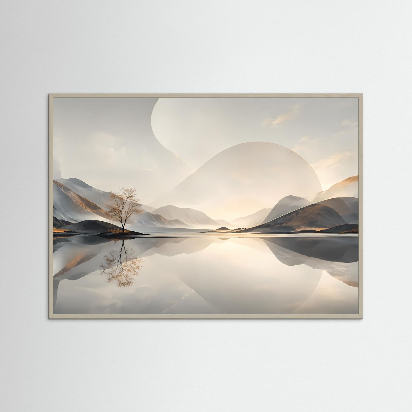 Minimalistische Berglandschaft Poster | Abstrakte Natur Landschaft Wandbild | Spiegelnder See | Modernes Panorama | Premium Leinwand Wall Art