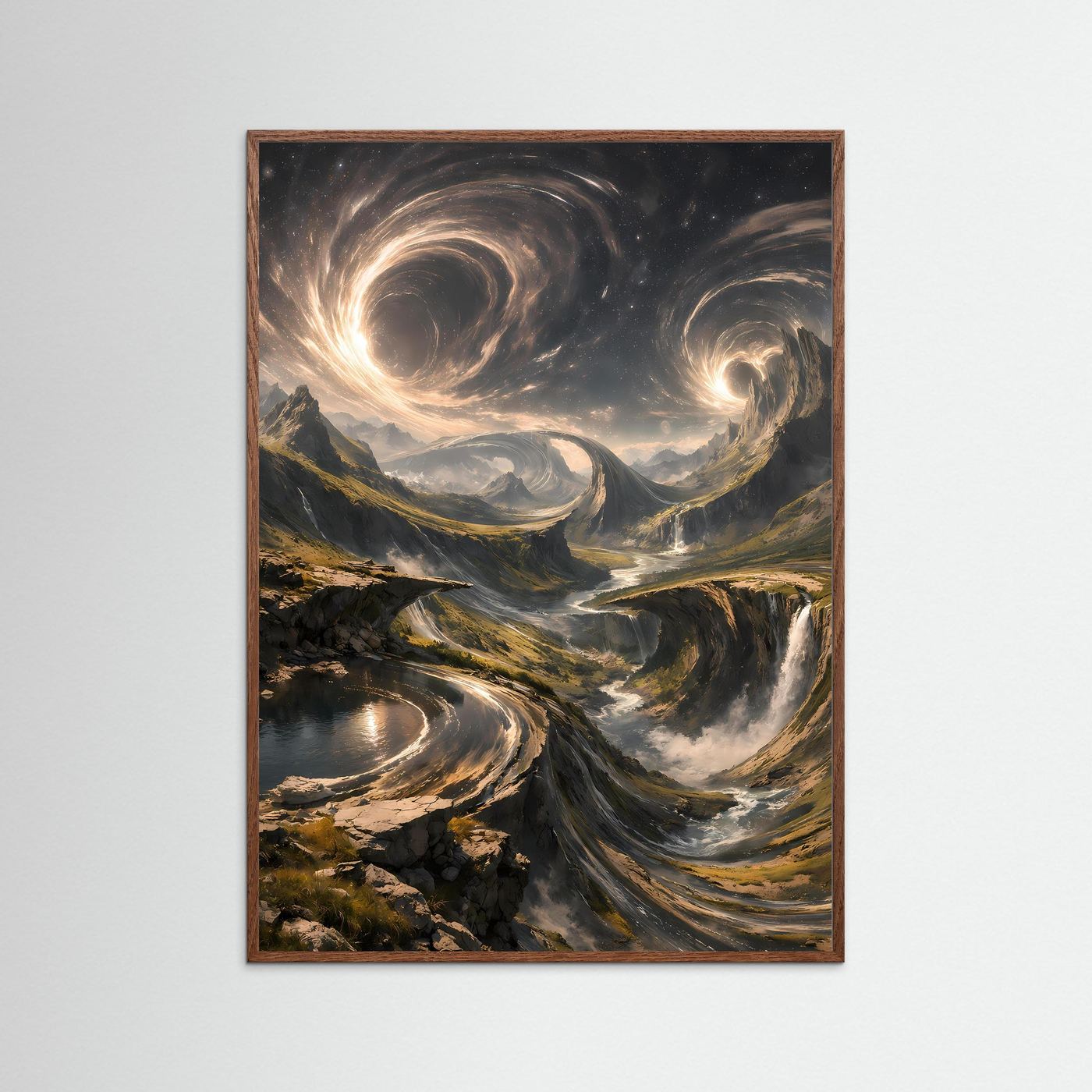 Fantasy-Kunstposter im braunen Holzrahmen: goldener Sternenwirbel über Bergtal mit Fluss