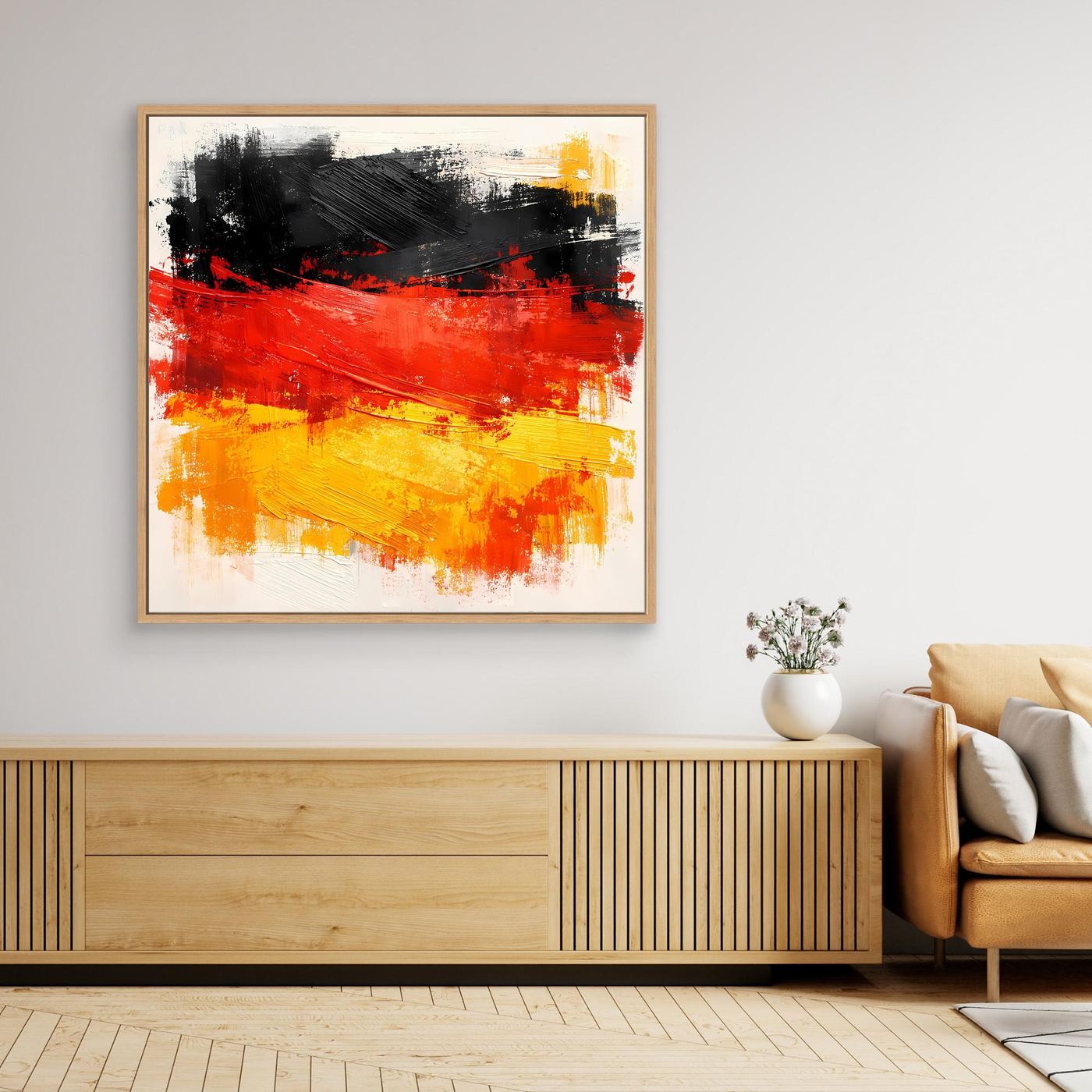 Abstract Germany flag wall art with black, red, and gold brush strokes in oak frame