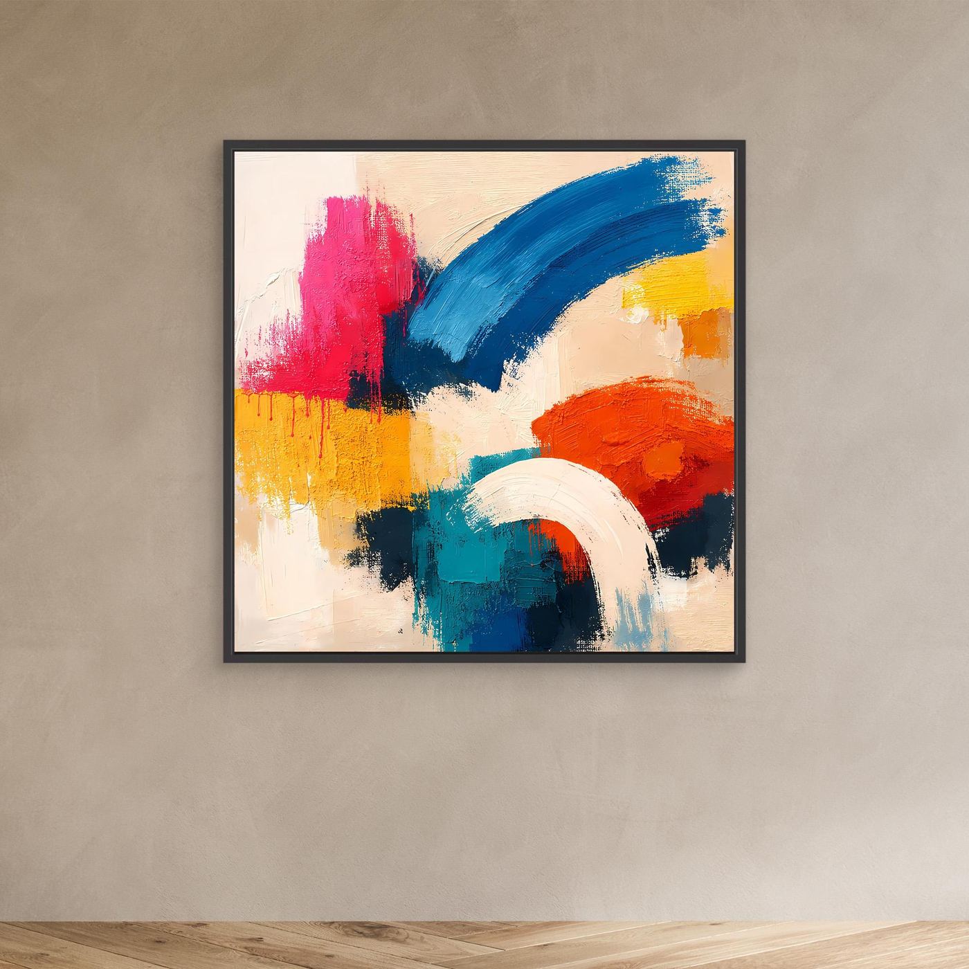 Abstract canvas painting with blue, pink, yellow, orange brush strokes, black frame