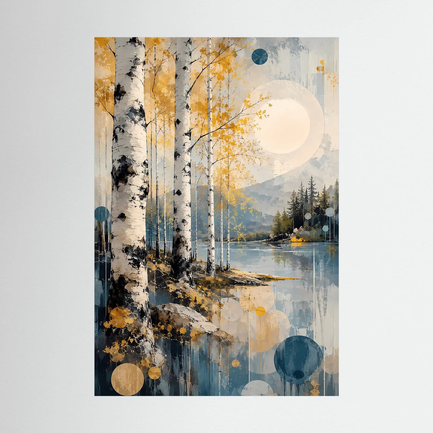 Abstraktes Poster im Hochformat: Birkenwald am See, goldene Akzente und Blauschattierungen