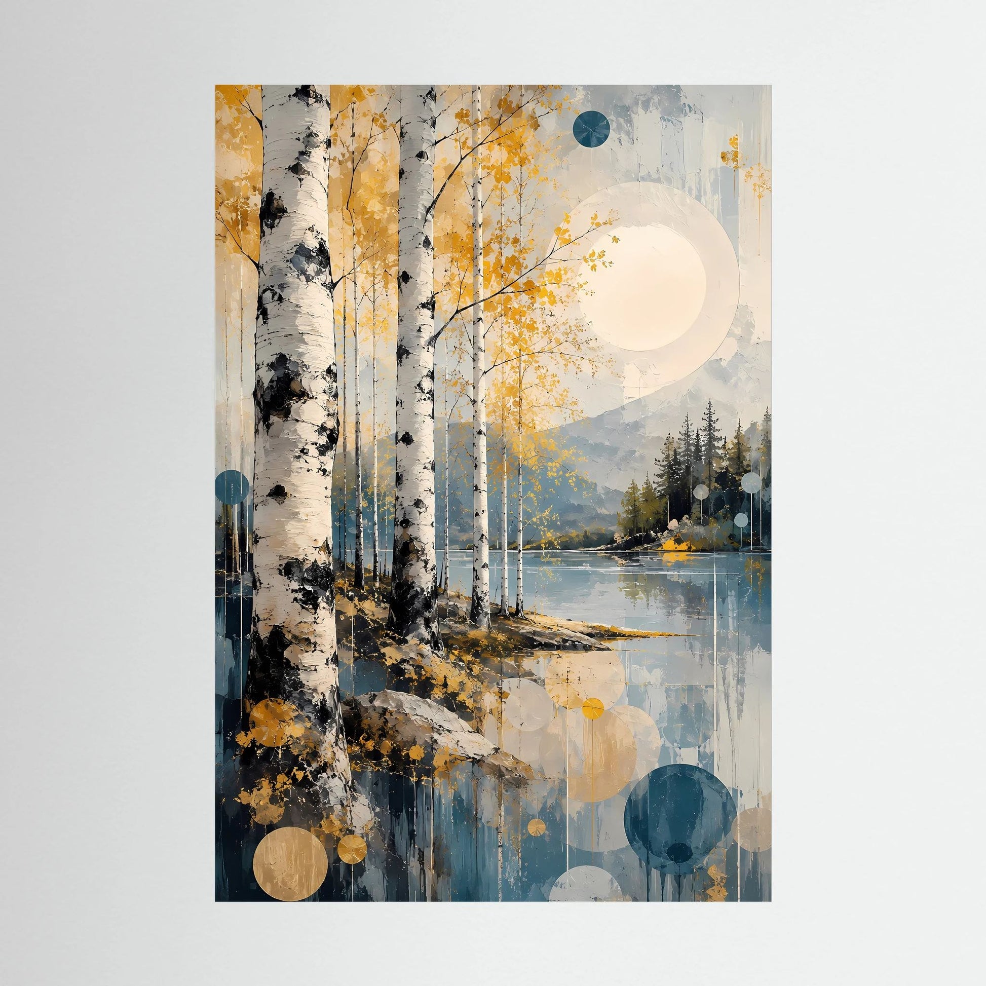 Abstraktes Poster im Hochformat: Birkenwald am See, goldene Akzente und Blauschattierungen