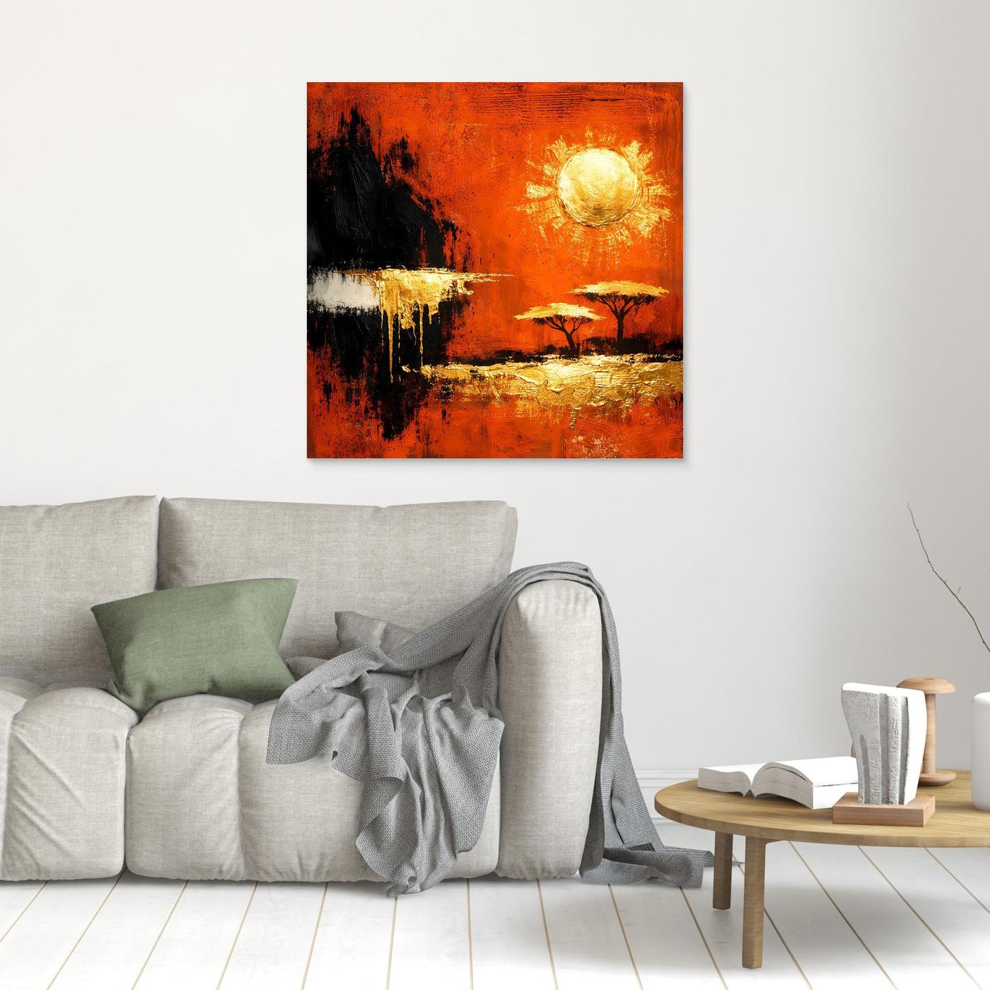 Leinwand Abstrakte Savanne bei Sonnenuntergang | Modernes Afrika Wandbild in Rot und Gold