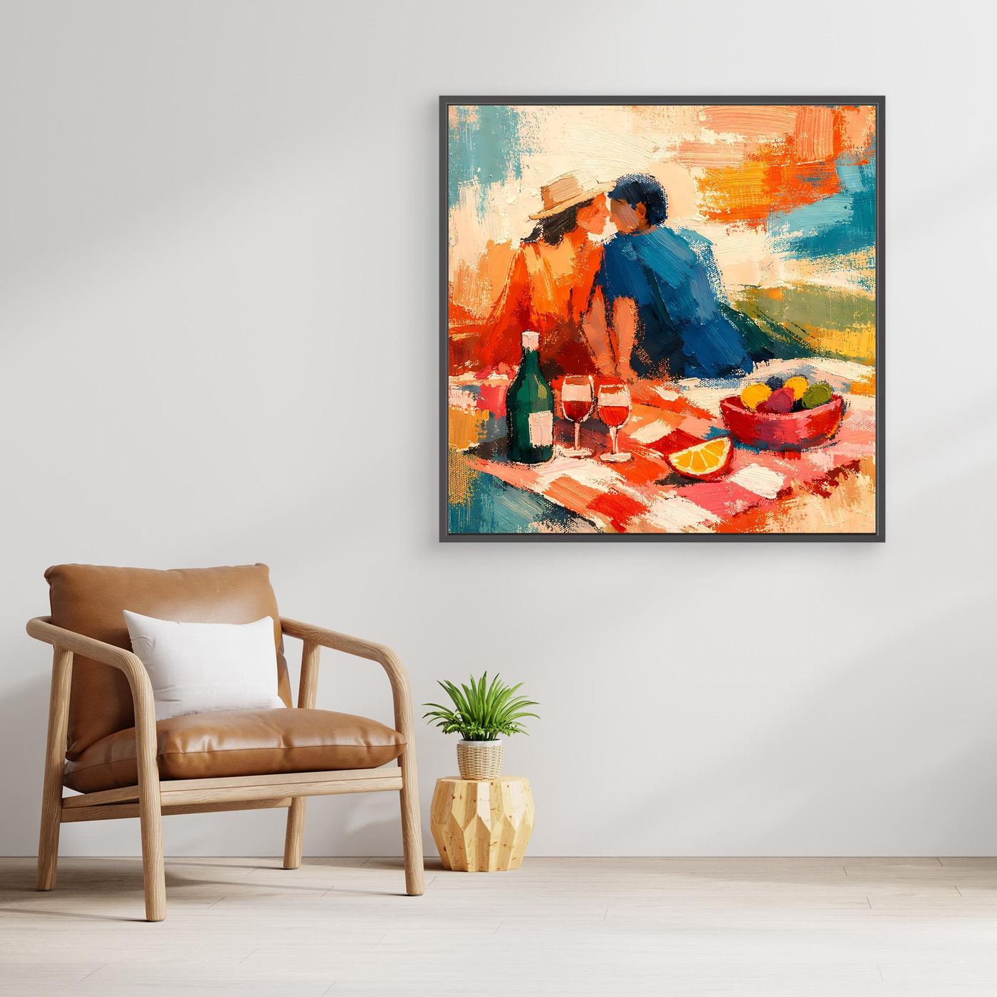 Leinwand-Wandbild mit hellem Holzrahmen, abstraktes Picknick-Pärchen in Blau und Orange