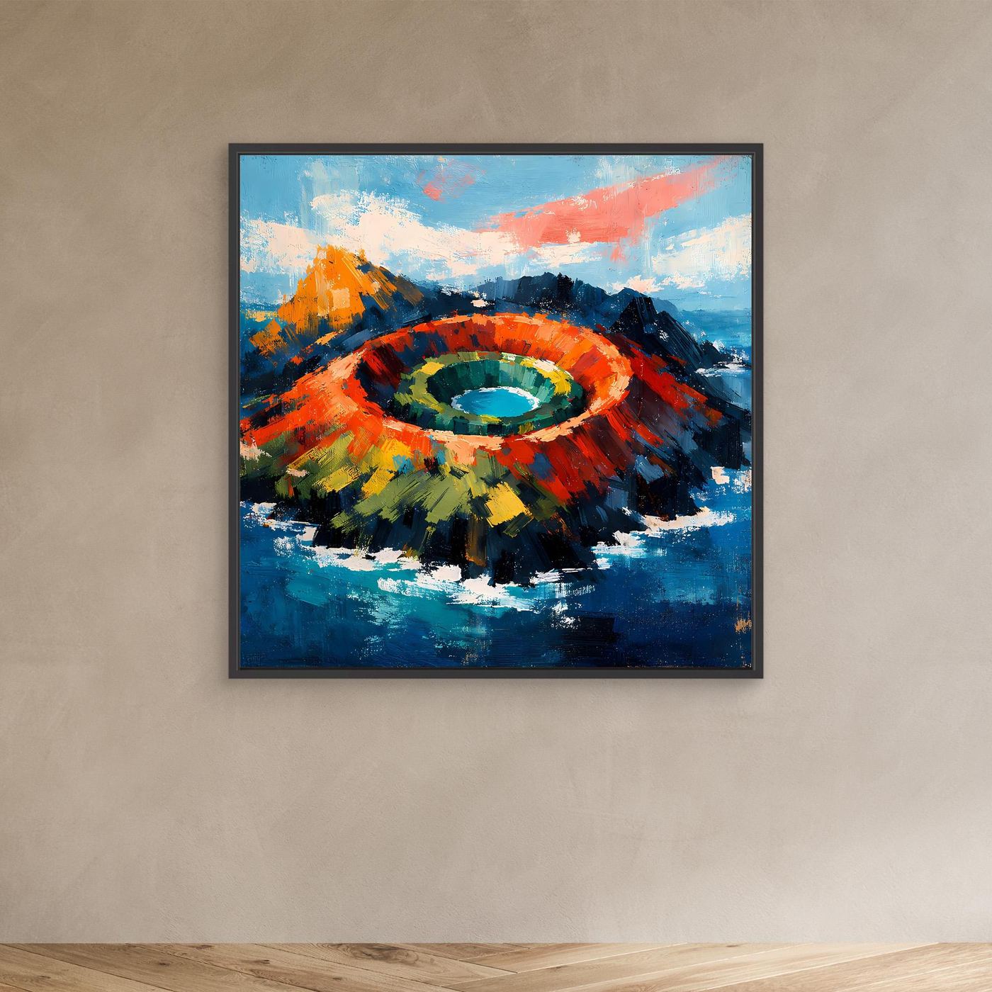 Abstraktes Leinwand-Wandbild mit Vulkankrater im Meer, leuchtende Farbwirbel, schwarzer Rahmen