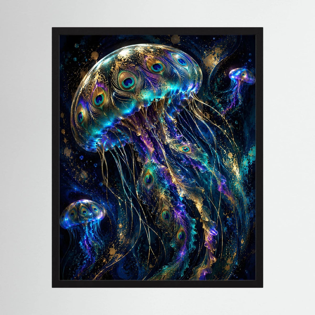 Gefärbtes Quallen-Poster in Blau und Gold mit schwarzen Rahmen, Hochformat