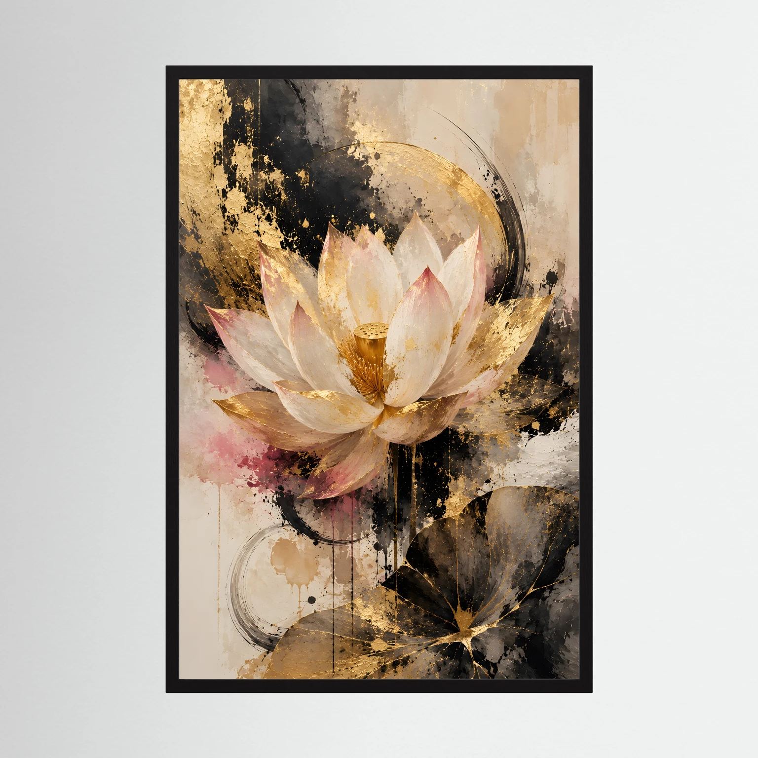 Poster mit Lotusblüte, abstrakt in Gold und Creme, schwarzer Rahmen
