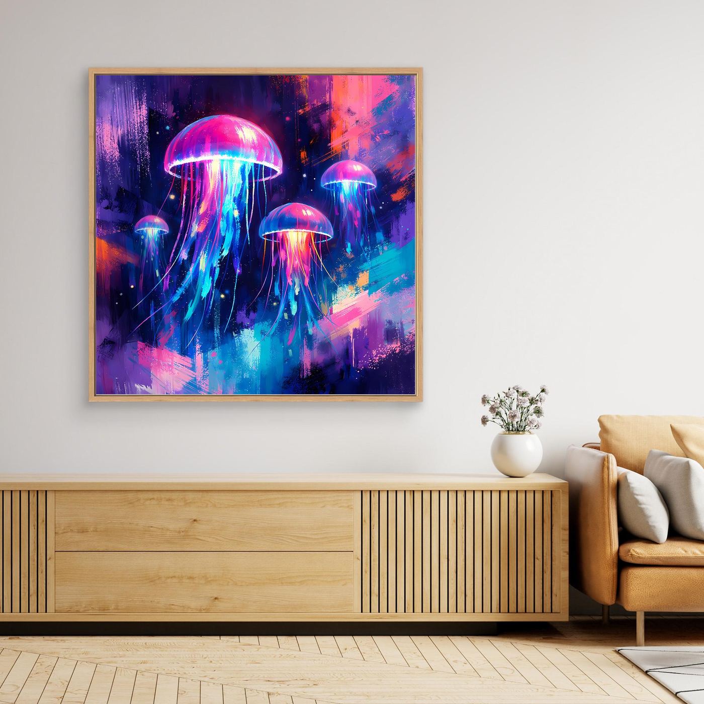 Leinwand Magische Leuchtquallen im Tiefsee-Ozean | Abstraktes Neon Wandbild