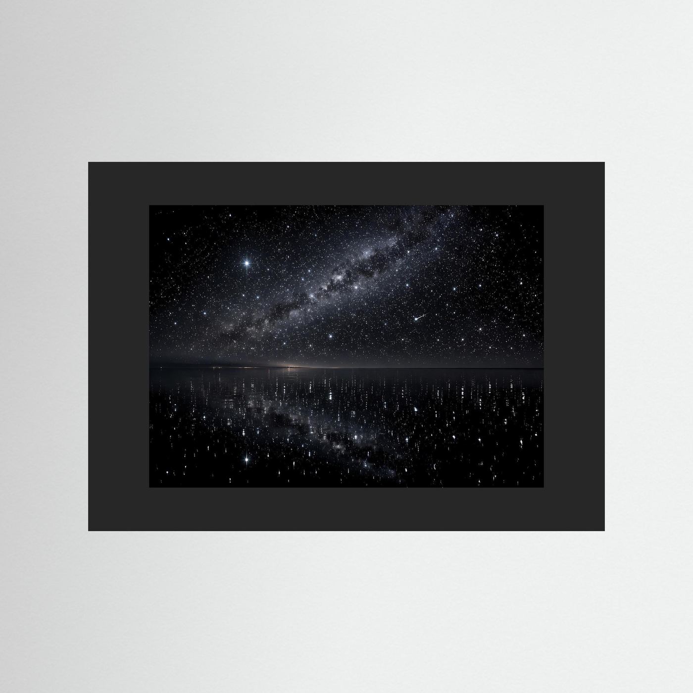 Poster mit Sternenhimmel und Spiegelsee, dunkler Rahmen
