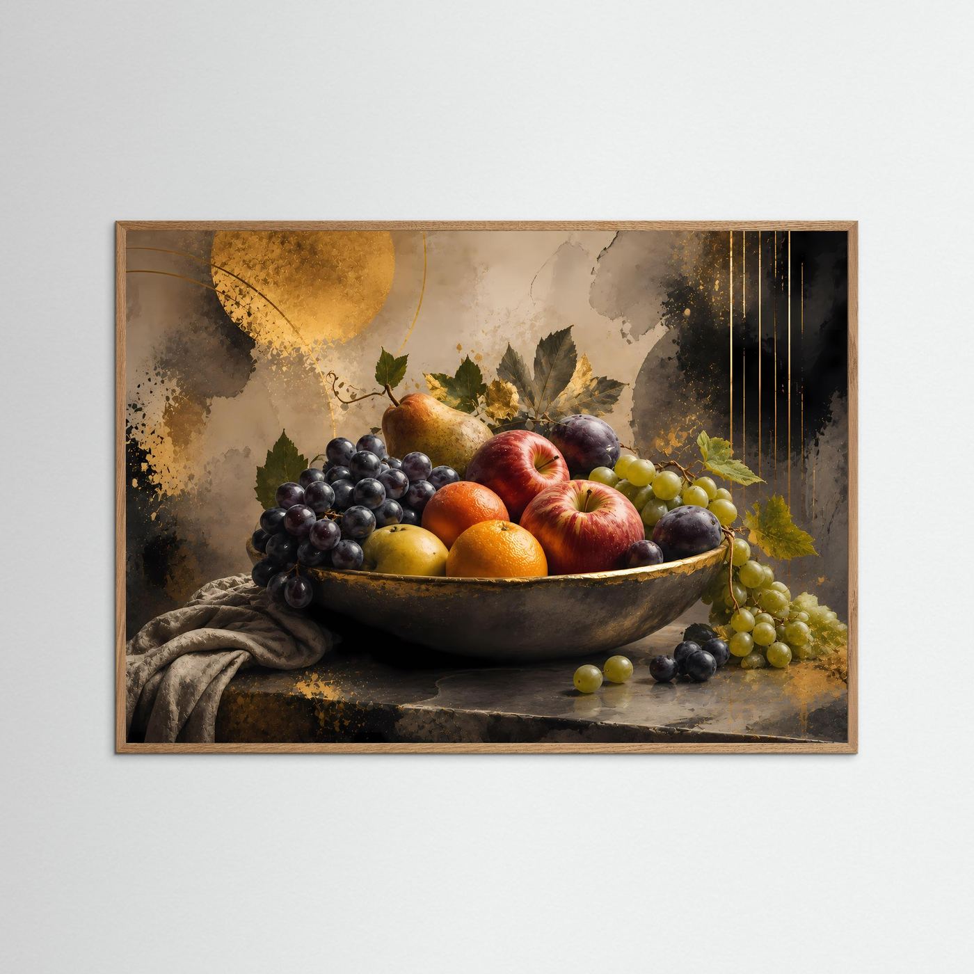 Querformat-Poster: Obstschale mit Trauben, Äpfeln, Orangen und Birne im naturfarbenen Rahmen