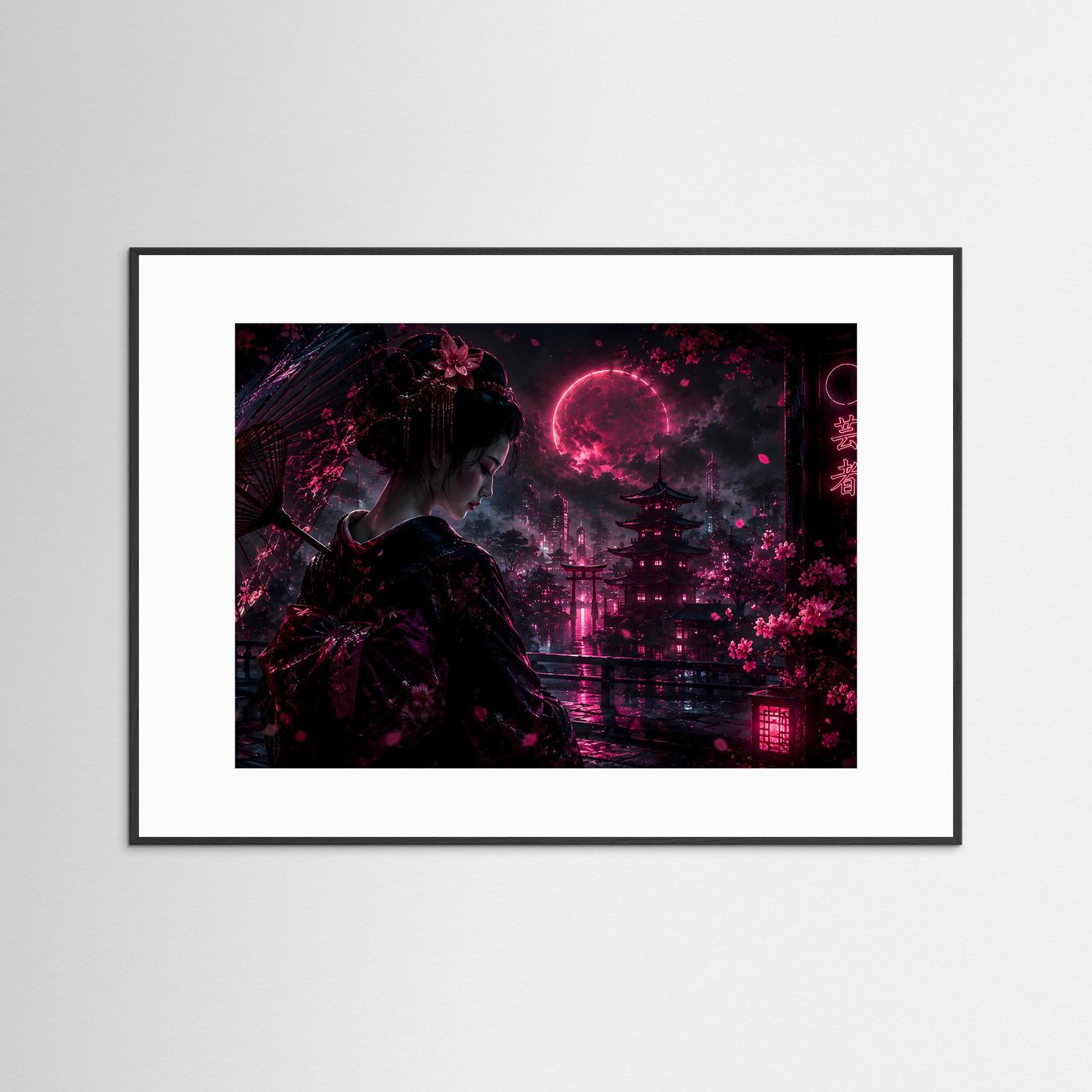 Geisha bei Nacht in Neon Pink | Japanische Cyberpunk Kunst mit Mond & Pagode