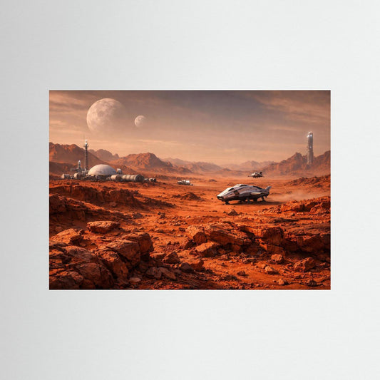 Sci‑Fi‑Poster im Querformat mit Marslandschaft, Raumfahrzeug und Kolonie‑Bauten