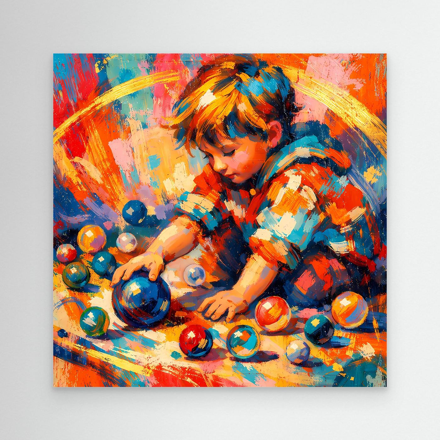 Leinwandbild Spielendes Kind mit bunten Kugeln, abstraktes Portrait, ohne Rahmen