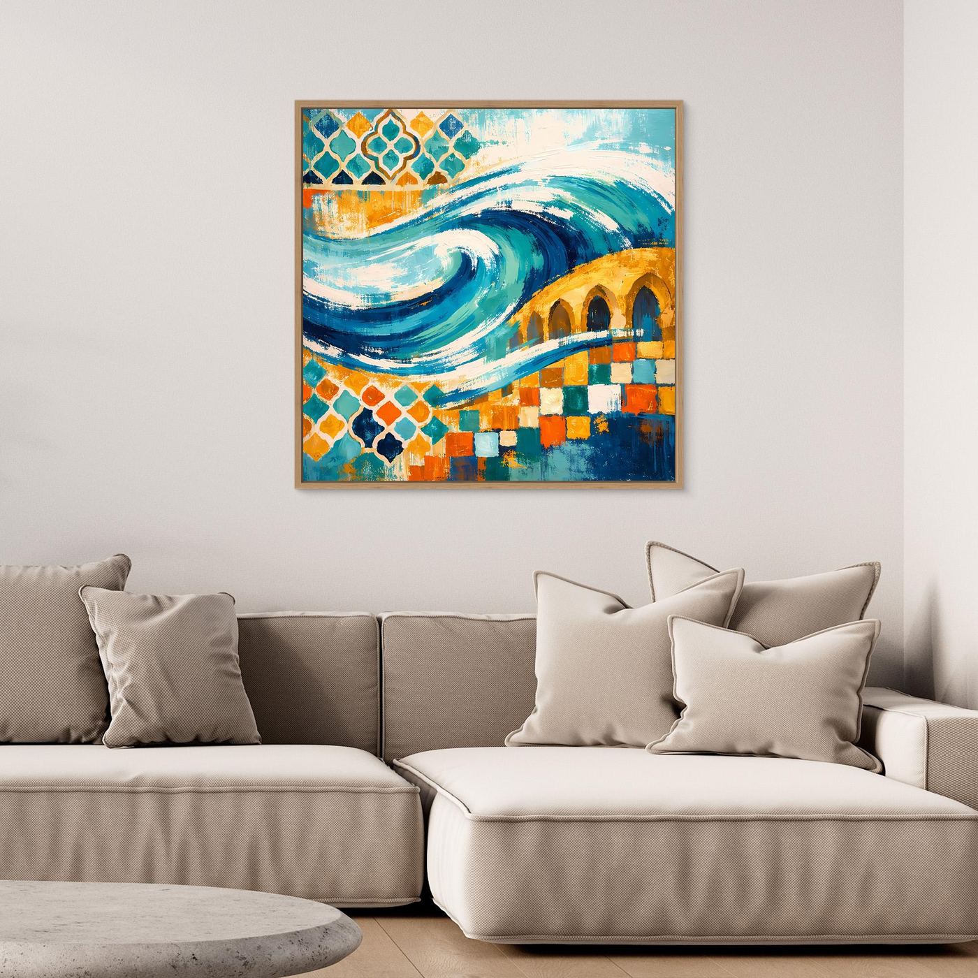 Abstraktes Leinwand-Wandbild mit Wellen- und Mosaikornamenten, Blau-Grün-Gelb, goldener Rahmen