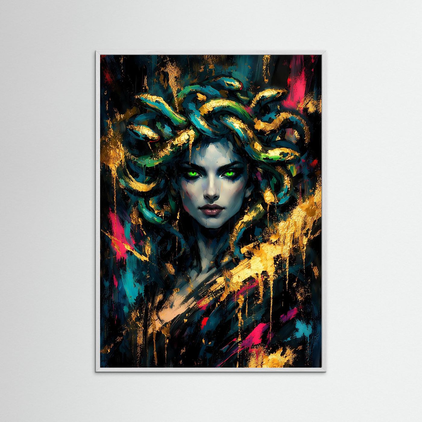 Hochformatiges Fantasy-Poster im weißen Holzrahmen, Frau mit Schlangenhaaren, Blau und Gold