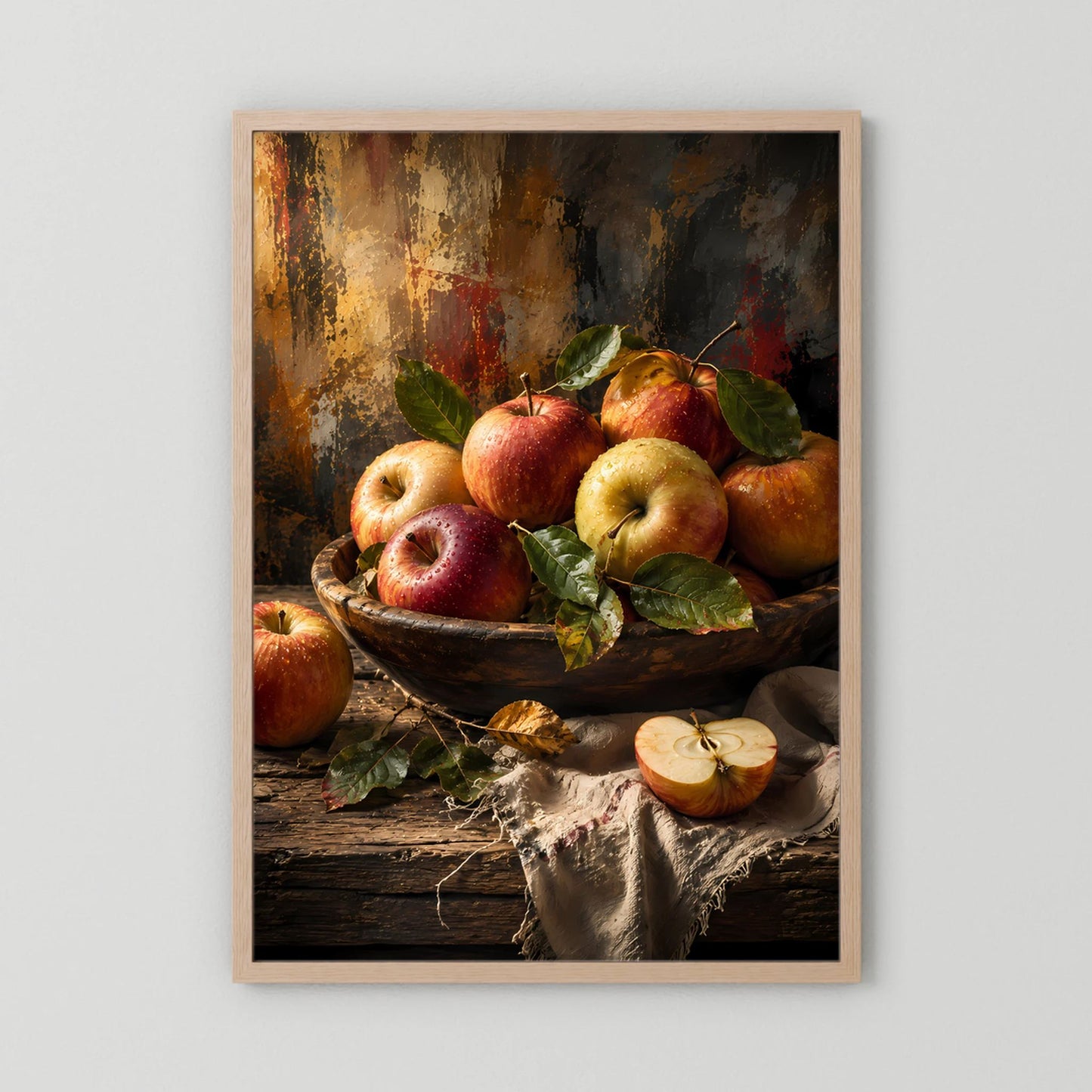 Hochformatiges Apfel-Poster mit Schale voller Äpfel, rote und gelbe Früchte, Holzrahmen