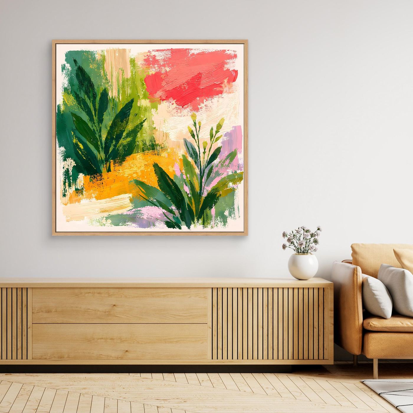 Abstract botanical wall art canvas with multicolor leaves and red brush strokes, oak frame