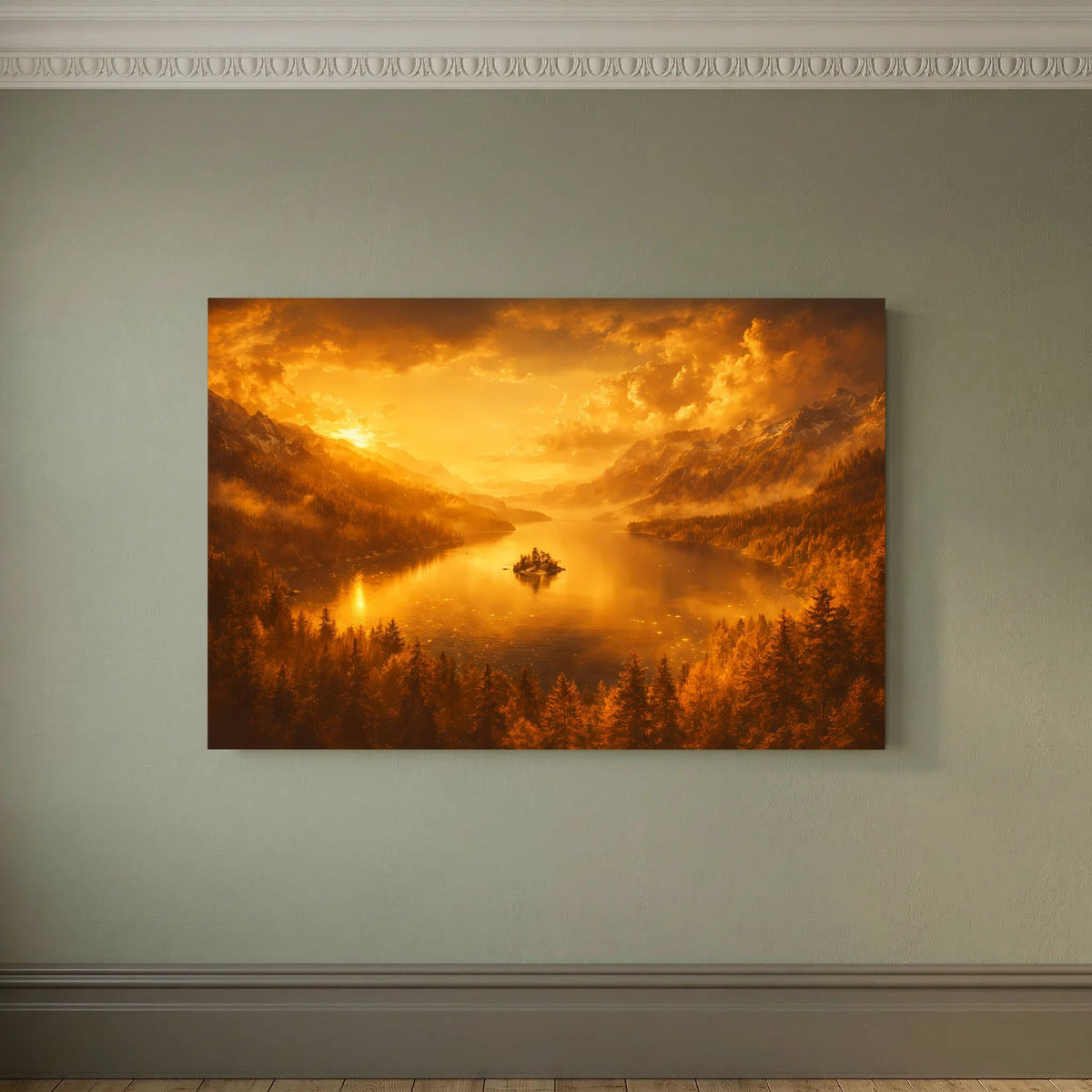 Wandbild im Querformat: Bergsee bei Abendsonne mit Nebel über dem Tal