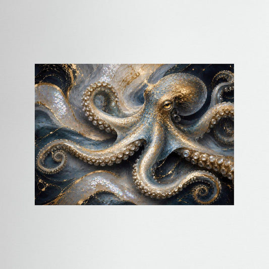 Wandbild mit goldenen Oktopusdetails auf dunkelblauem Hintergrund, schwarze Einfassung