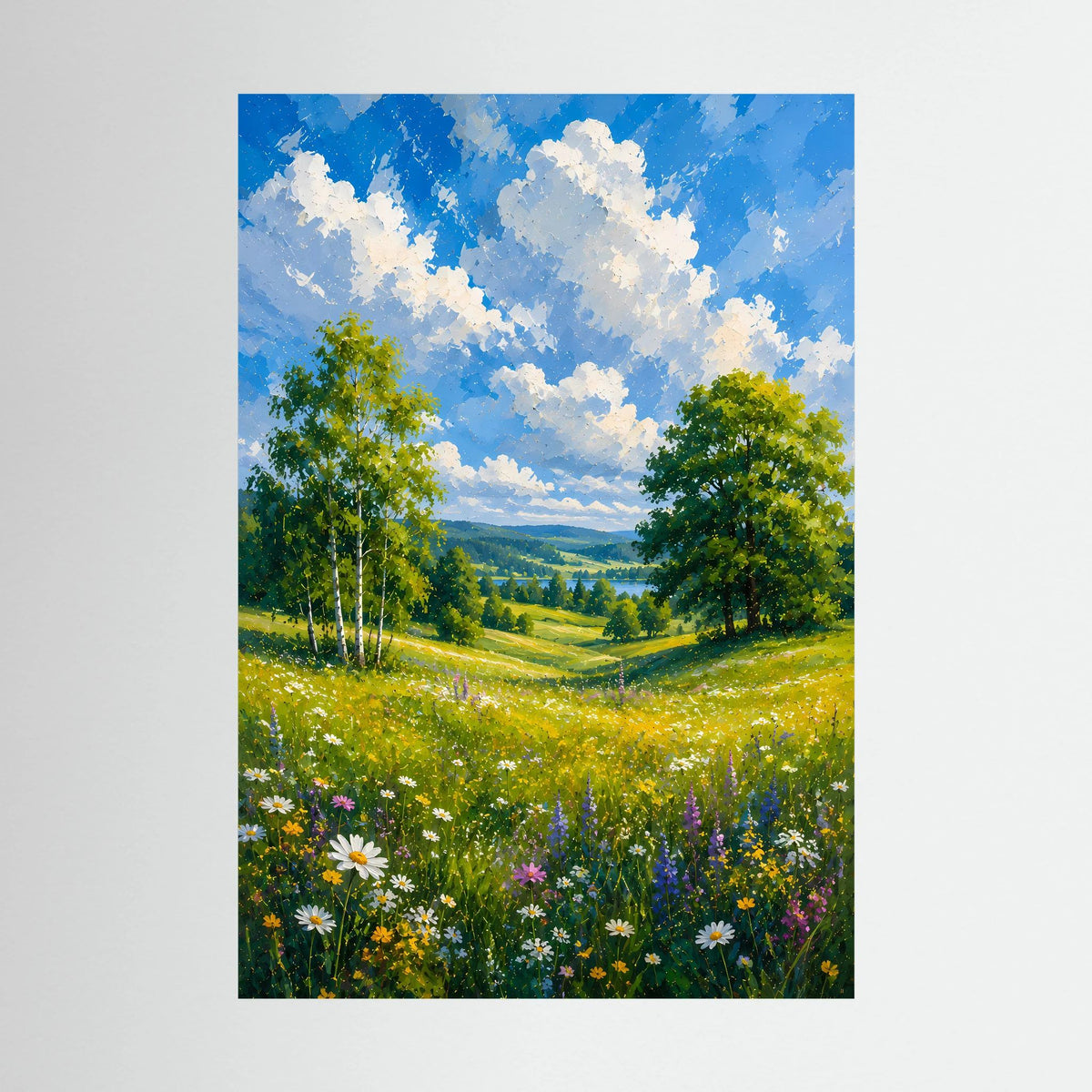 Dunkel gerahmtes Kunstposter mit blühender Wiese, Bäumen und blauem Himmel