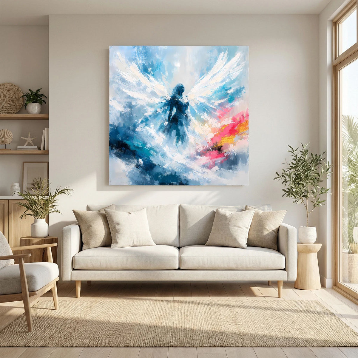 Quadratisches Leinwandbild: Engelsilhouette in Blau, Weiß und Pastellakzenten.